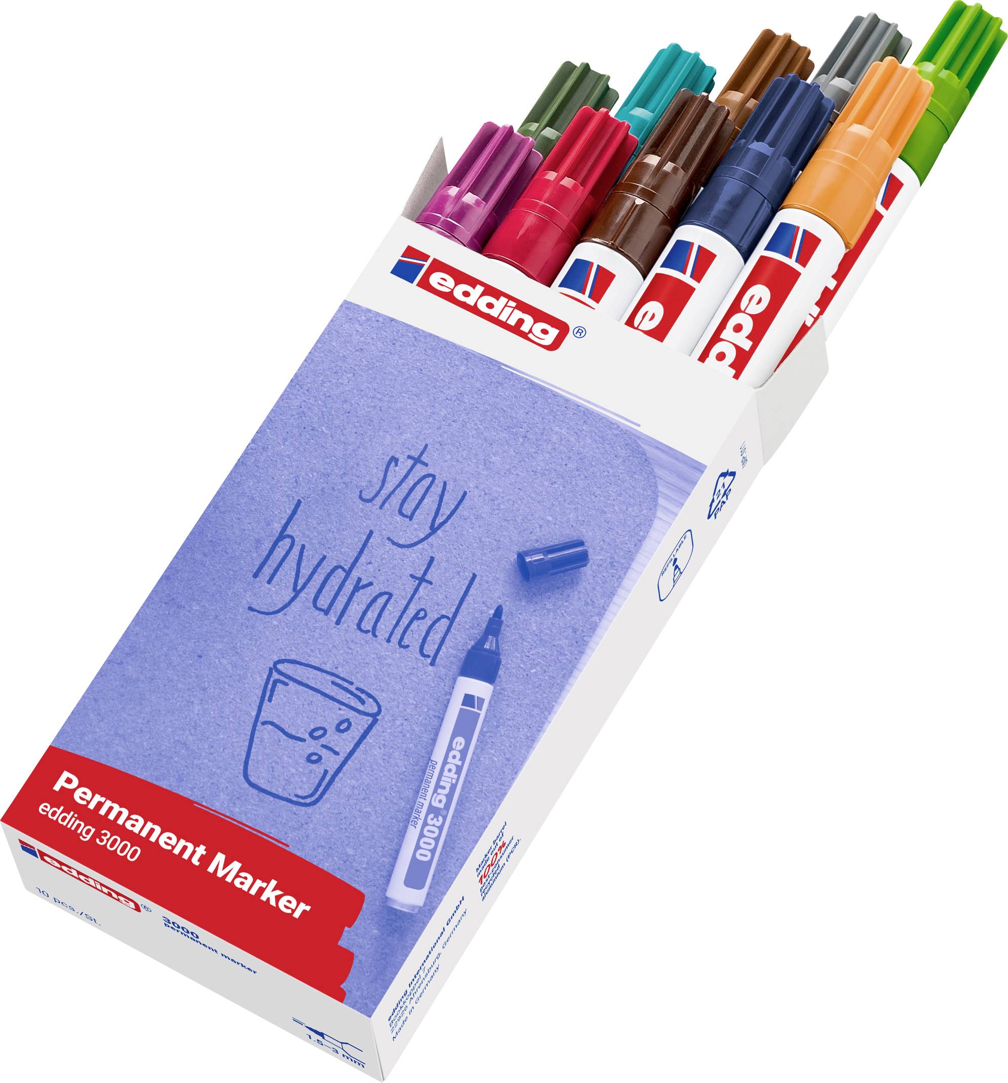 Schachtel mit Edding-Permanentmarkern in verschiedenen Farben, auf der vorne „stay hydrated