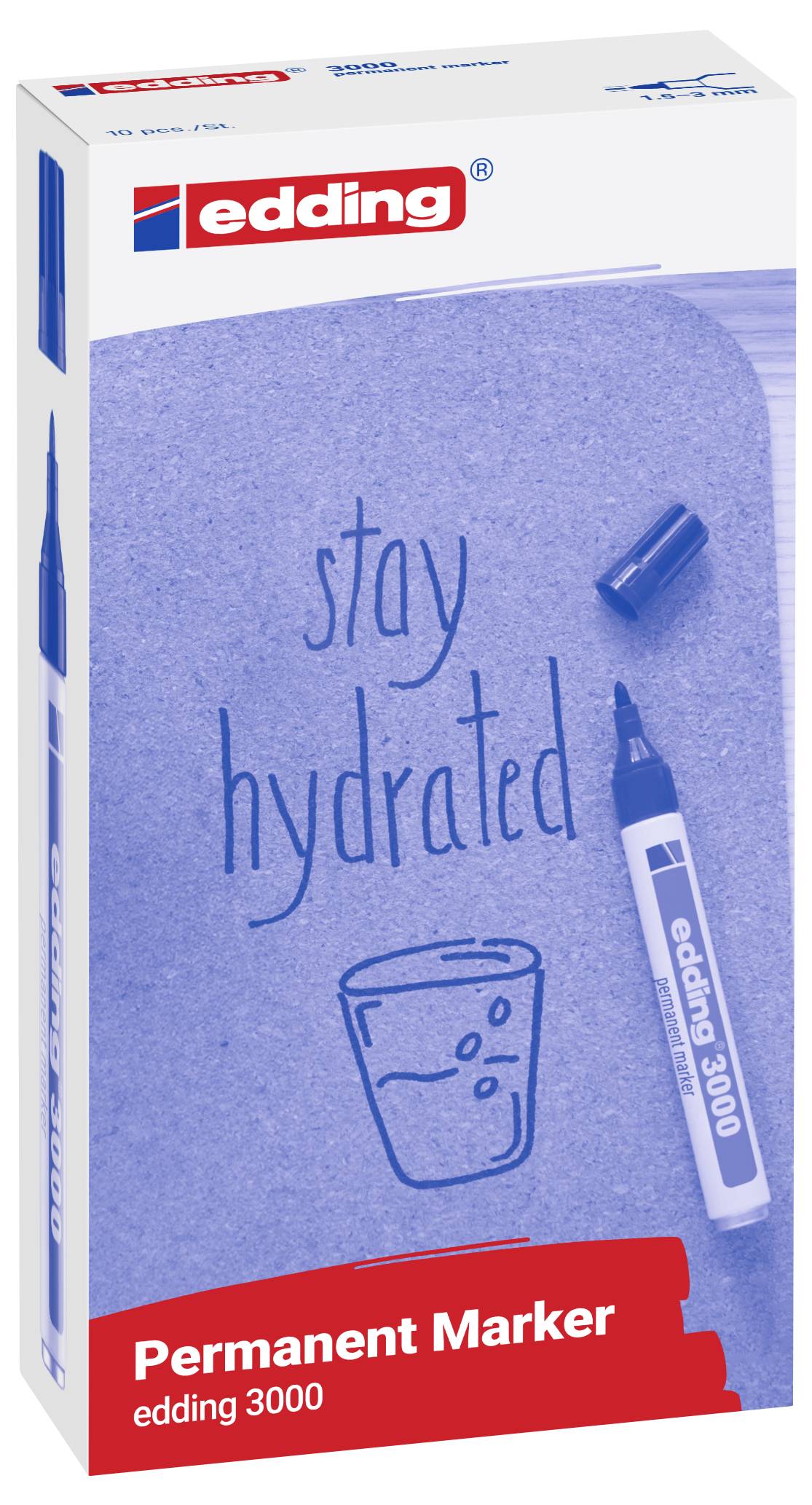 Schachtel mit edding 3000 Permanentmarkern, gezeigt mit blauer handschriftlicher Aufschrift "stay hydrated" und einer Tassenzeichnung auf der Verpackung.