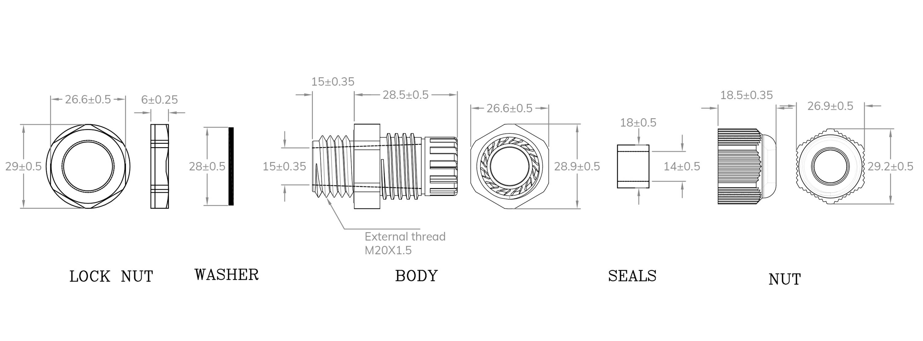 Explosionszeichnung eines mechanischen Teils mit 'LOCK NUT', 'WASHER', 'BODY', 'SEALS', und 'NUT'. Zeigt Maße und Gewindedetails.