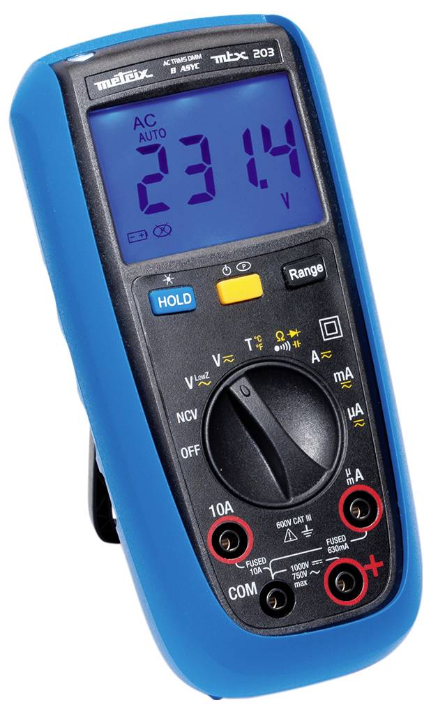 Digitales Multimeter mit blauer Ummantelung zeigt '231,4 V AC' an. Drehschalter und Tasten zur Messung verschiedener elektrischer Werte.