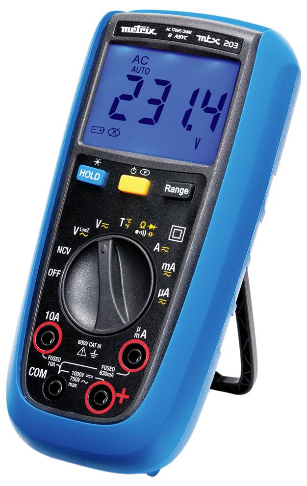 Ein blaues digitales Multimeter mit einer Anzeige von '231,4 V'. Verschiedene Messmodi und Bedienelemente sind sichtbar.