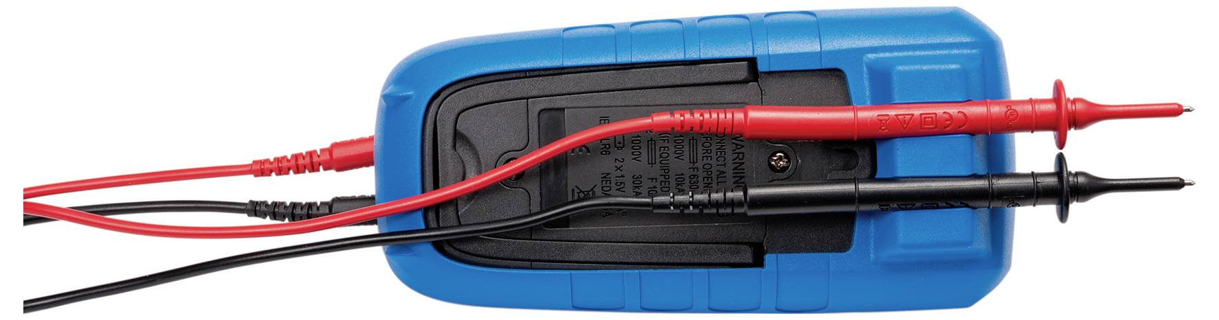 Ein blaues Multimeter mit roten und schwarzen Messleitungen, das Werkzeug wird zur Spannungs- und Strommessung in elektrischen Schaltungen verwendet.