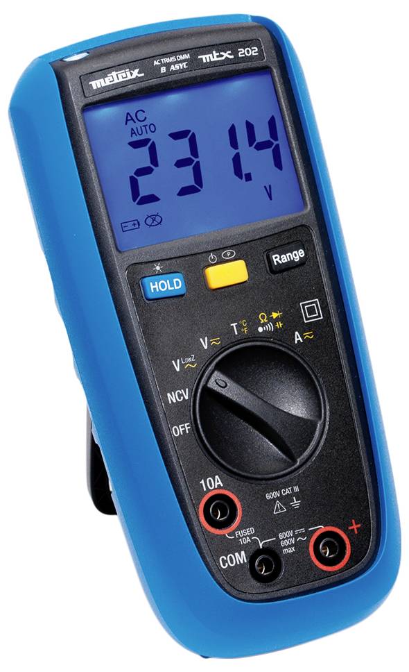 Digitales Multimeter mit blauem Gehäuse zeigt '23,14 V' an. Schalter und Tasten zur Anpassung der Messbereiche sind sichtbar.