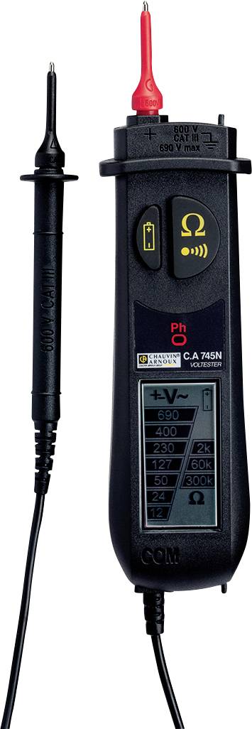 Ein digitales Multimeter mit zwei Sonden, einem Display und verschiedenen Messfunktionen zur Spannungsermittlung und Durchgangsprüfung.