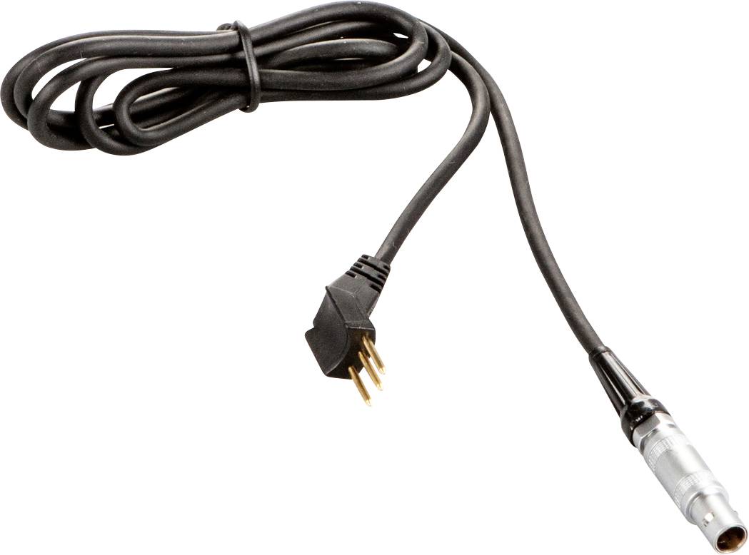 Ein schwarzes Kabel mit einem L-förmigen Stecker und einem silbernen Anschlussende.