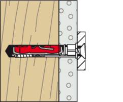 Eine Illustration, die eine Schraube mit einem Dübel zeigt, der in ein Holzbrett eingeführt ist und durch eine Metallklammer mit Löchern gesichert wird.