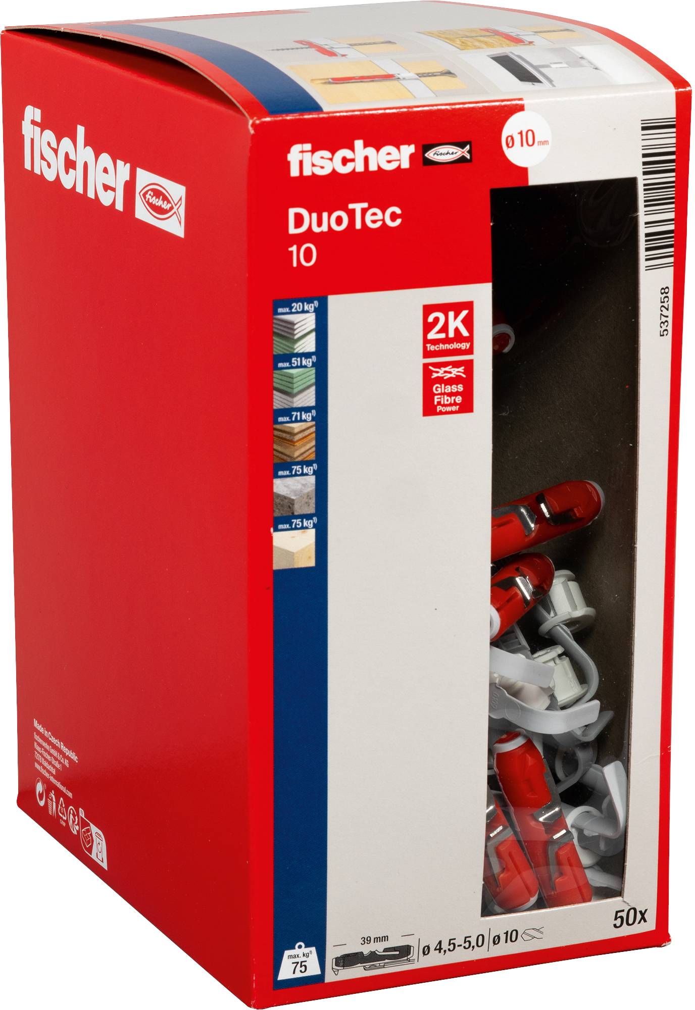 Eine rote Schachtel Fischer DuoTec 10 Wanddübel mit 50 Stück Inhalt. Die Schachtel zeigt Produktbranding und Spezifikationen auf der Seite.