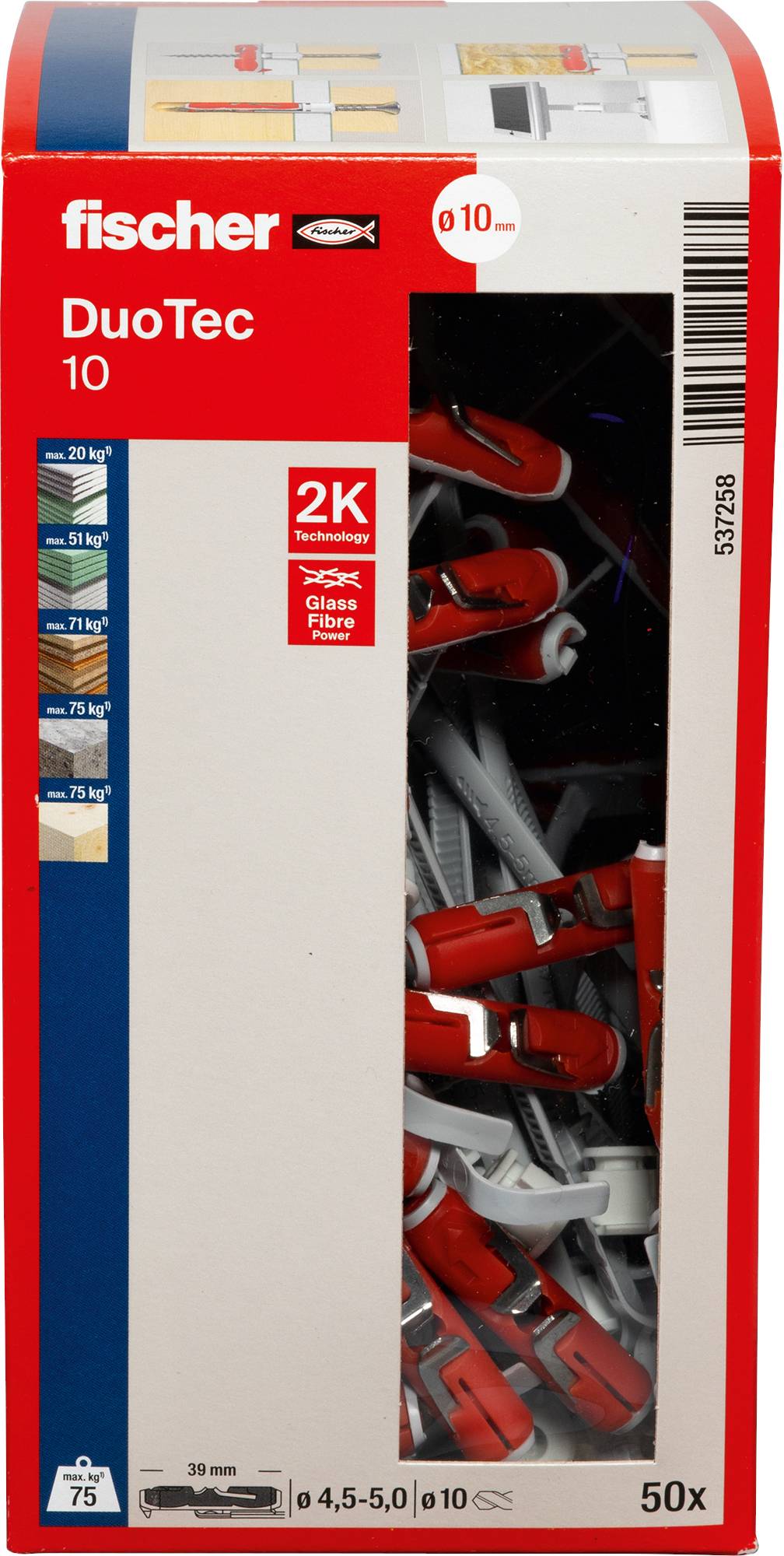 „Fischer DuoTec 10; 2K Glasfaser 50er-Packung. Vorderseite teilweise sichtbar, zeigt Befestigungsanker. Tragfähigkeiten aufgelistet: 20kg bis 55kg.