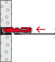Querschnittsdiagramm, das zeigt, wie ein roter Clip ein Panel an einer perforierten Wand befestigt, mit einem Pfeil, der die Befestigungsrichtung angibt.