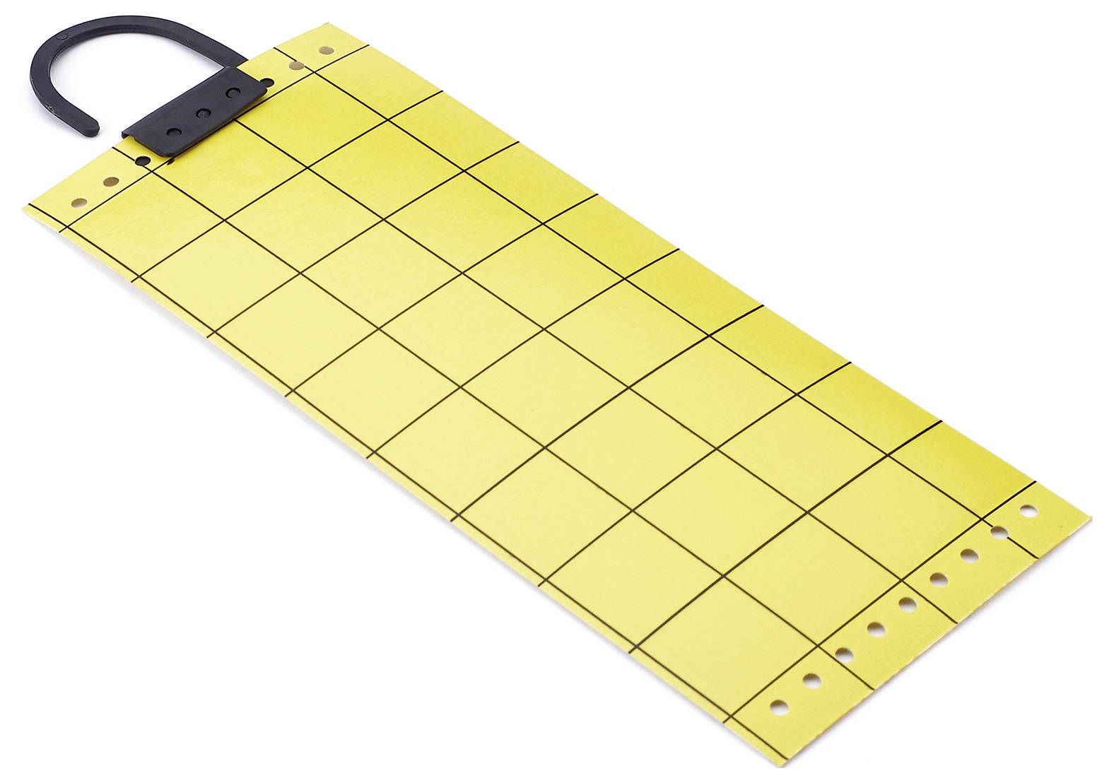 Ein langer, rechteckiger gelber Tangram-Puzzlebrett mit Gittermuster und einem schwarzen Griff an einem Ende, der zu Bildungszwecken verwendet wird.