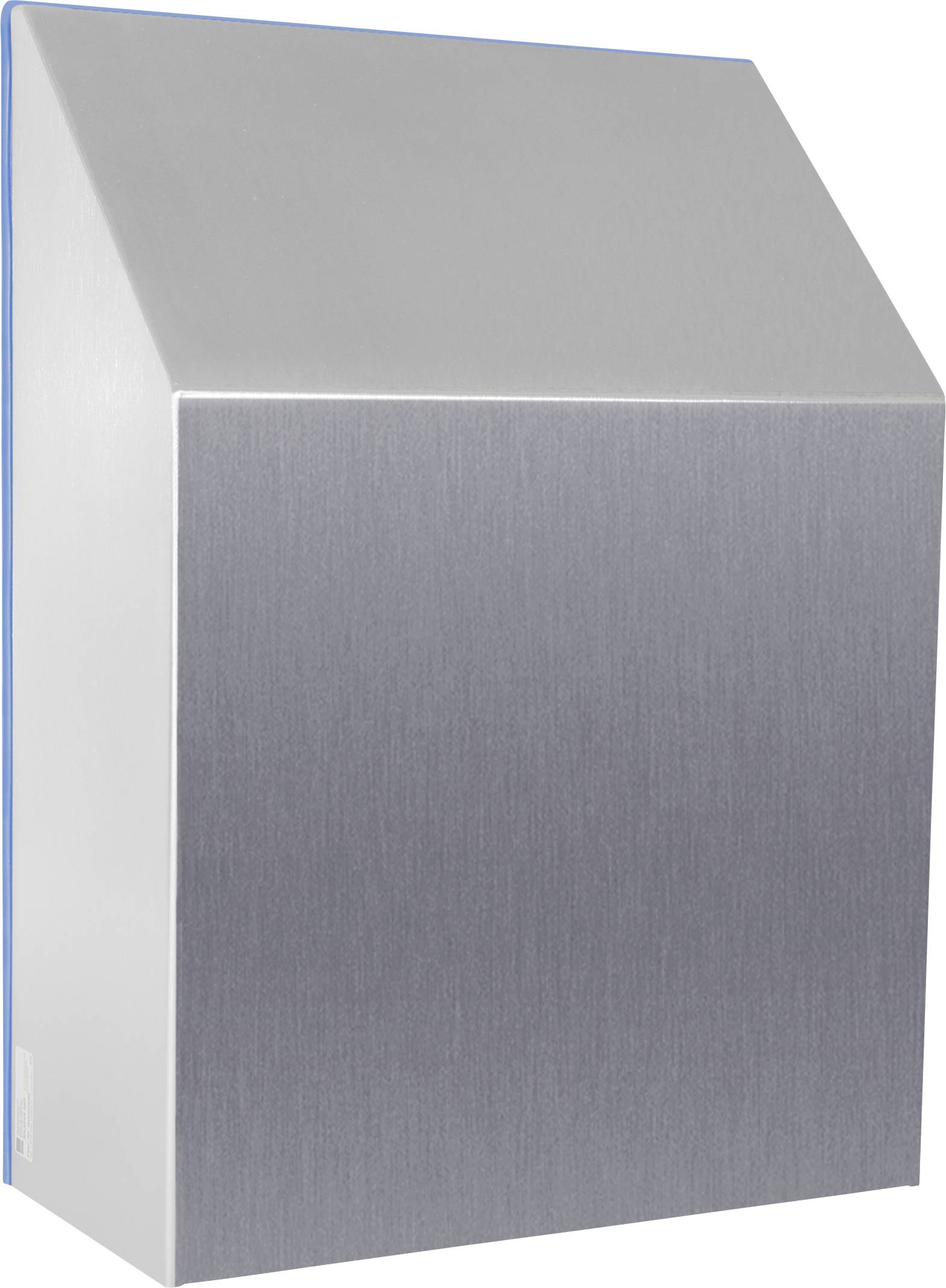 Silberne Metallbox mit schrägem Deckel und glatter Oberfläche.