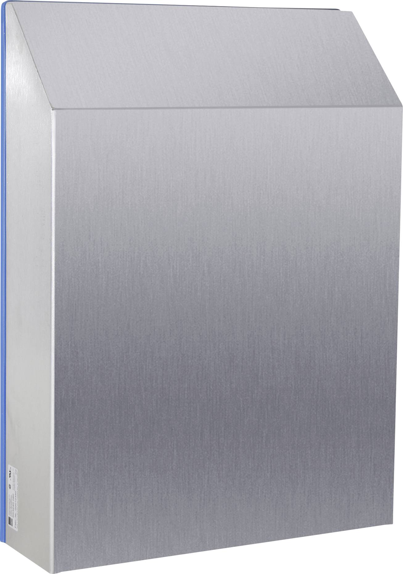 Ein rechteckiger Metallkasten mit abgeschrägtem Deckel, wahrscheinlich ein Wandgerät oder Behälter, in silberner Farbe.