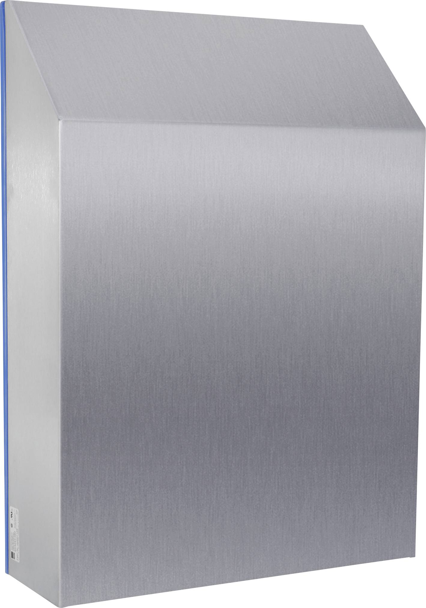 Metallkasten mit abgeschrägtem Dach aus gebürstetem Stahl, freistehend.