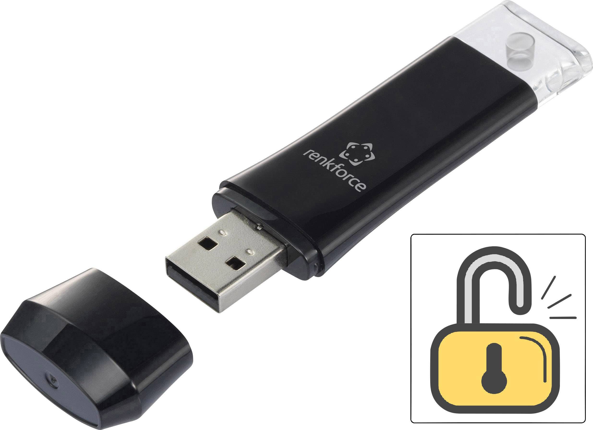 USB-Stick von 'renkforce' mit abgenommener Kappe. Im unteren Bereich ein Symbol: Ein geöffnetes Schloss, das Sicherheit signalisiert.