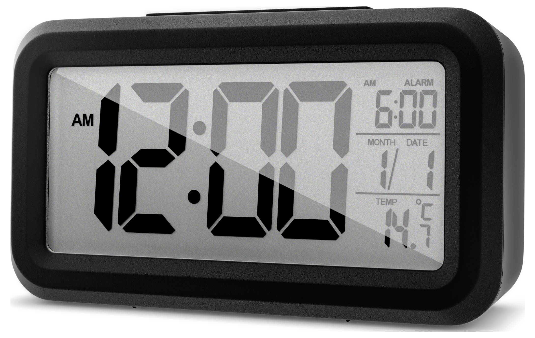 Eine digitale Weckuhr zeigt '12:00 Uhr'. Wecker ist auf '6:00 Uhr' eingestellt, mit Datum '1.11' und Temperatur '14,5°C'. Schwarzer Rahmen.