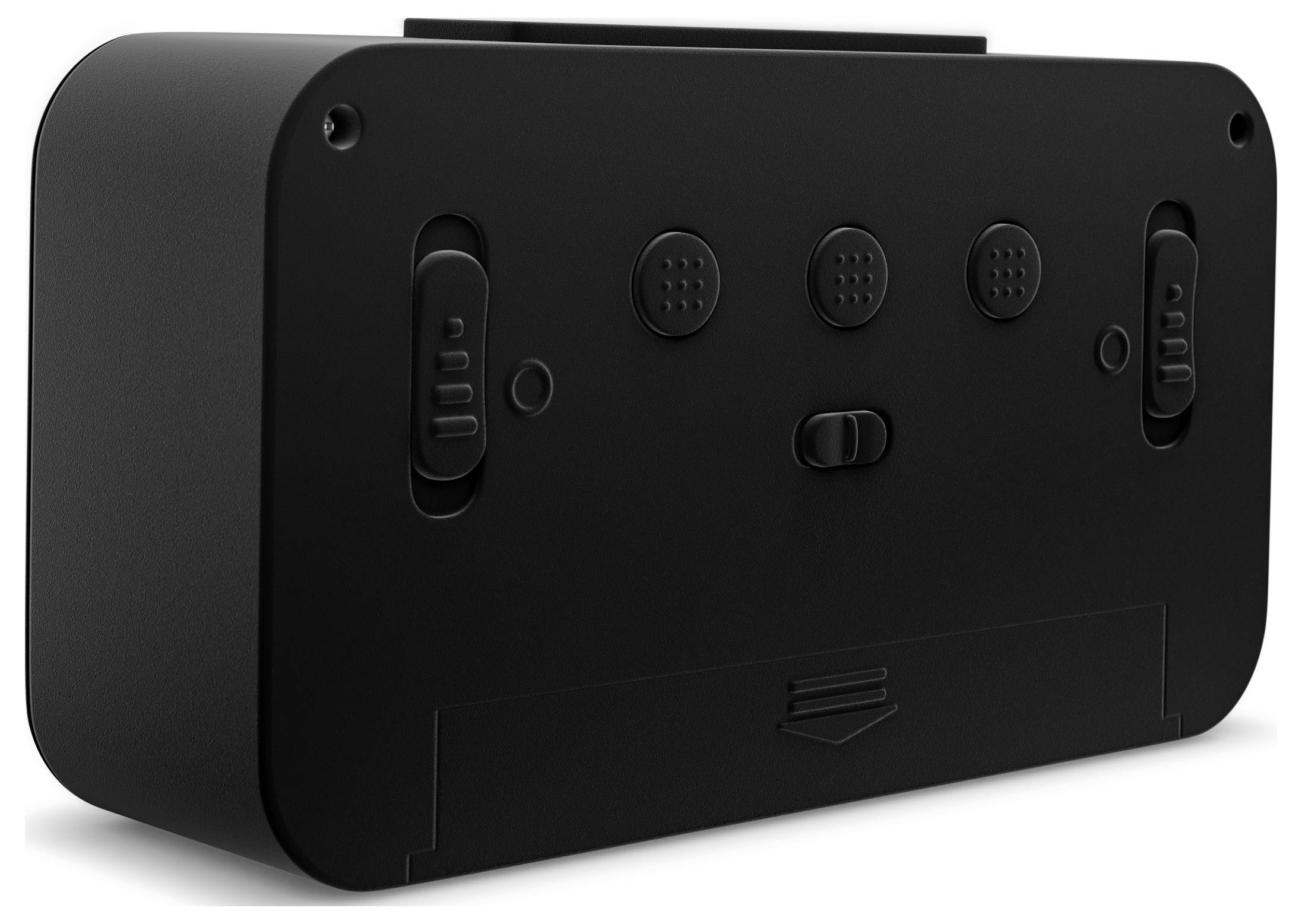 Ein schwarzes elektronisches Gerät mit mehreren Knöpfen und Schaltern auf der Vorderseite, möglicherweise verwendet für Steuerung oder Einstellungen.