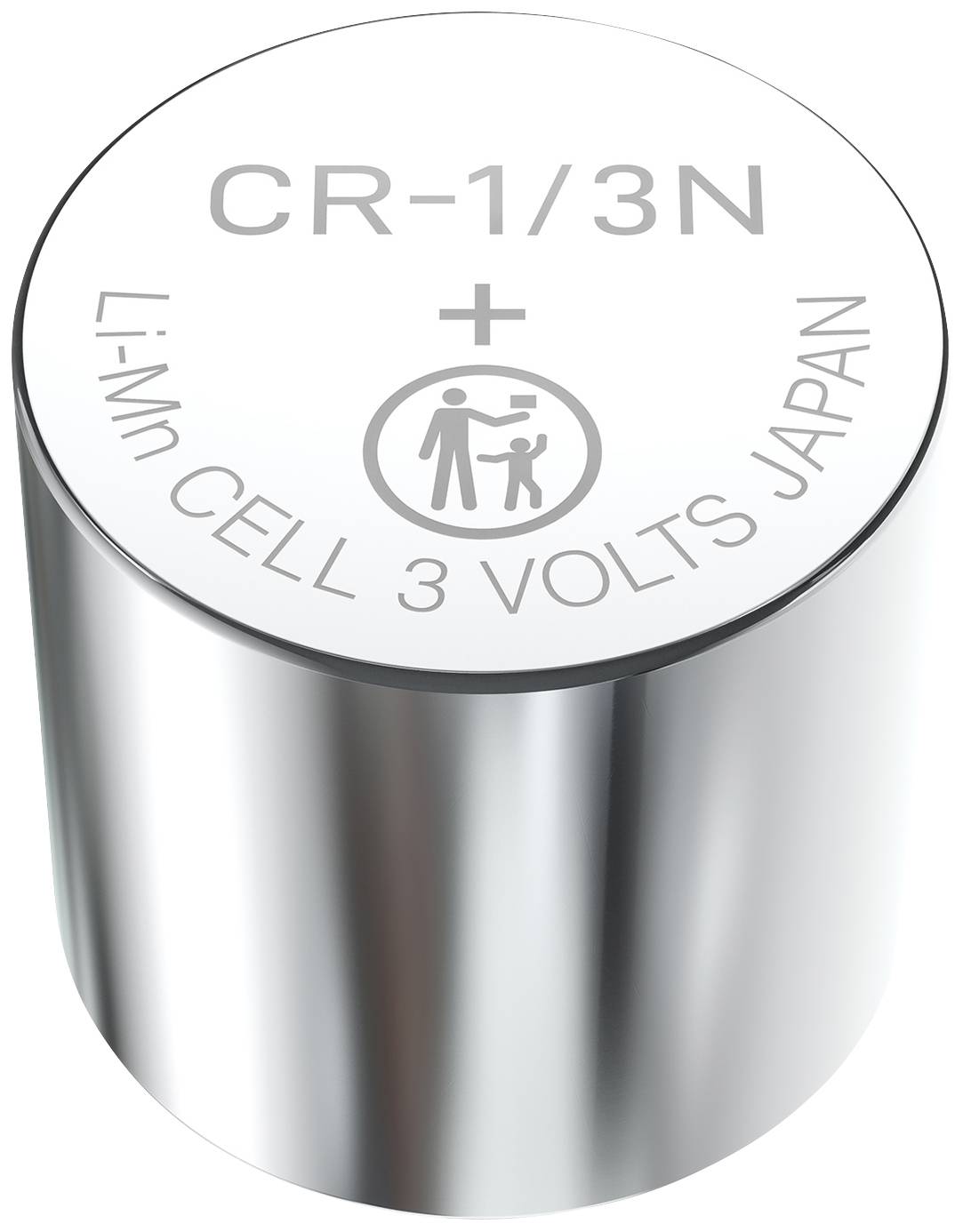 Silberne runde Knopfzellenbatterie mit der Aufschrift 'CR-1/3N' und 'Li-Mn CELL 3 VOLTS JAPAN'. Symbol für Entsorgungsrichtlinien.