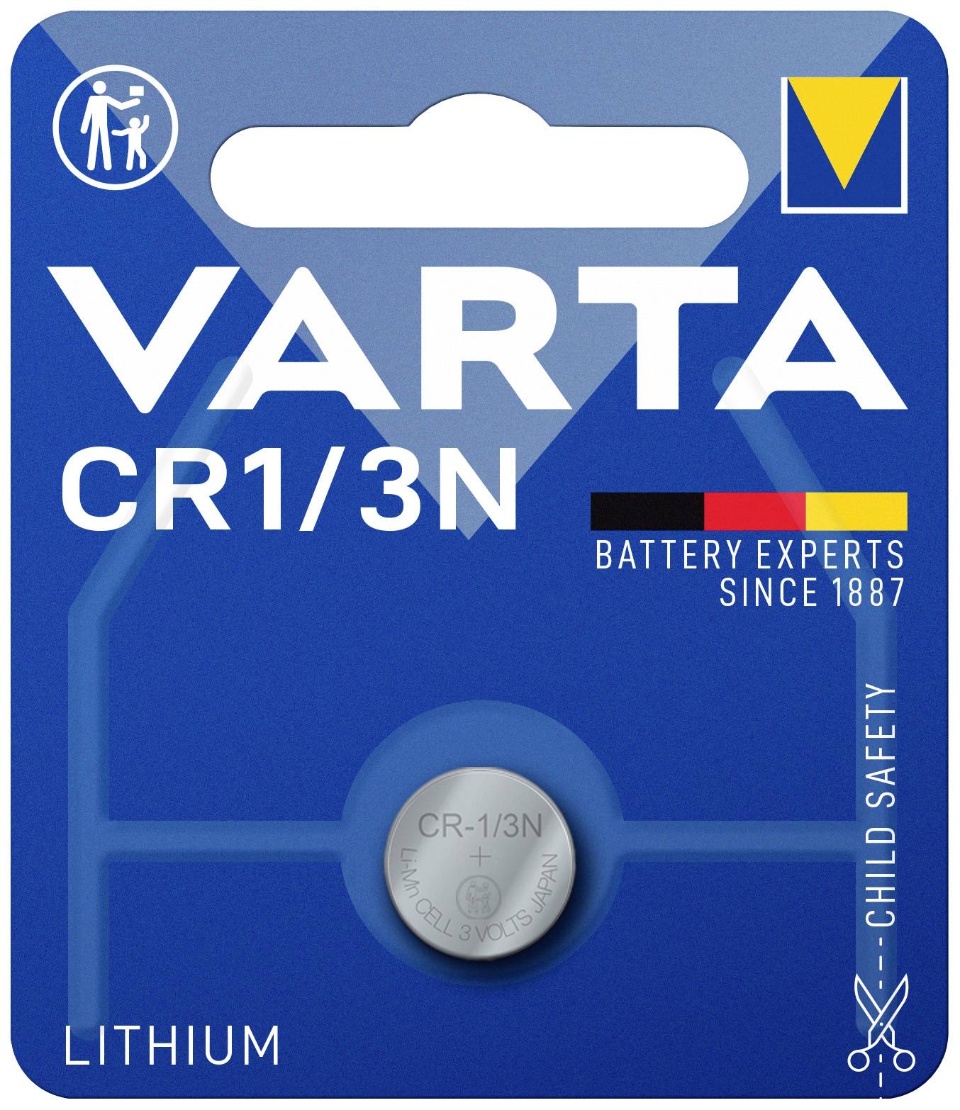 Blisterverpackung mit Varta-Lithiumbatterie CR1/3N. Die Verpackung ist blau mit weißem Markenlogo und dem Text 'Battery Experts Since 1887'.
