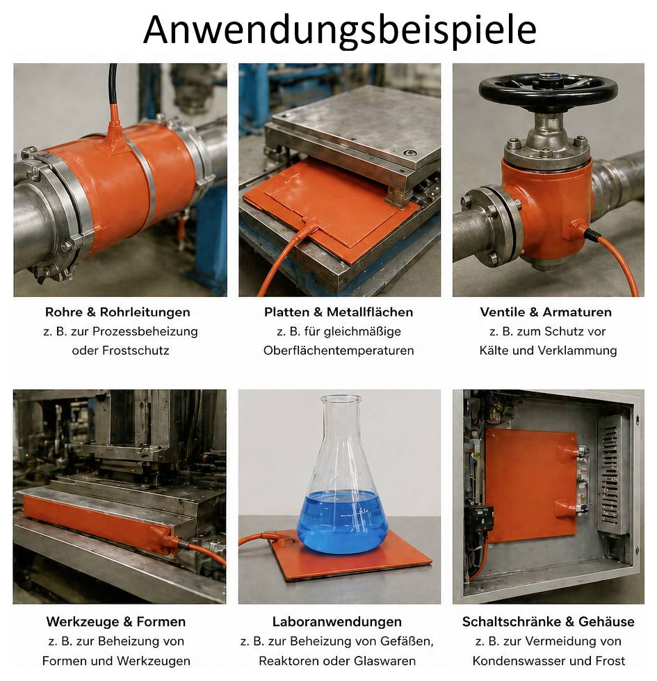 Infografik 'Anwendungsbeispiele' mit sechs Fotos: Heizkabel an Rohren, Metallplatten, Ventilen, Werkzeugen, im Labor und in Schaltschränken/Gehäusen.