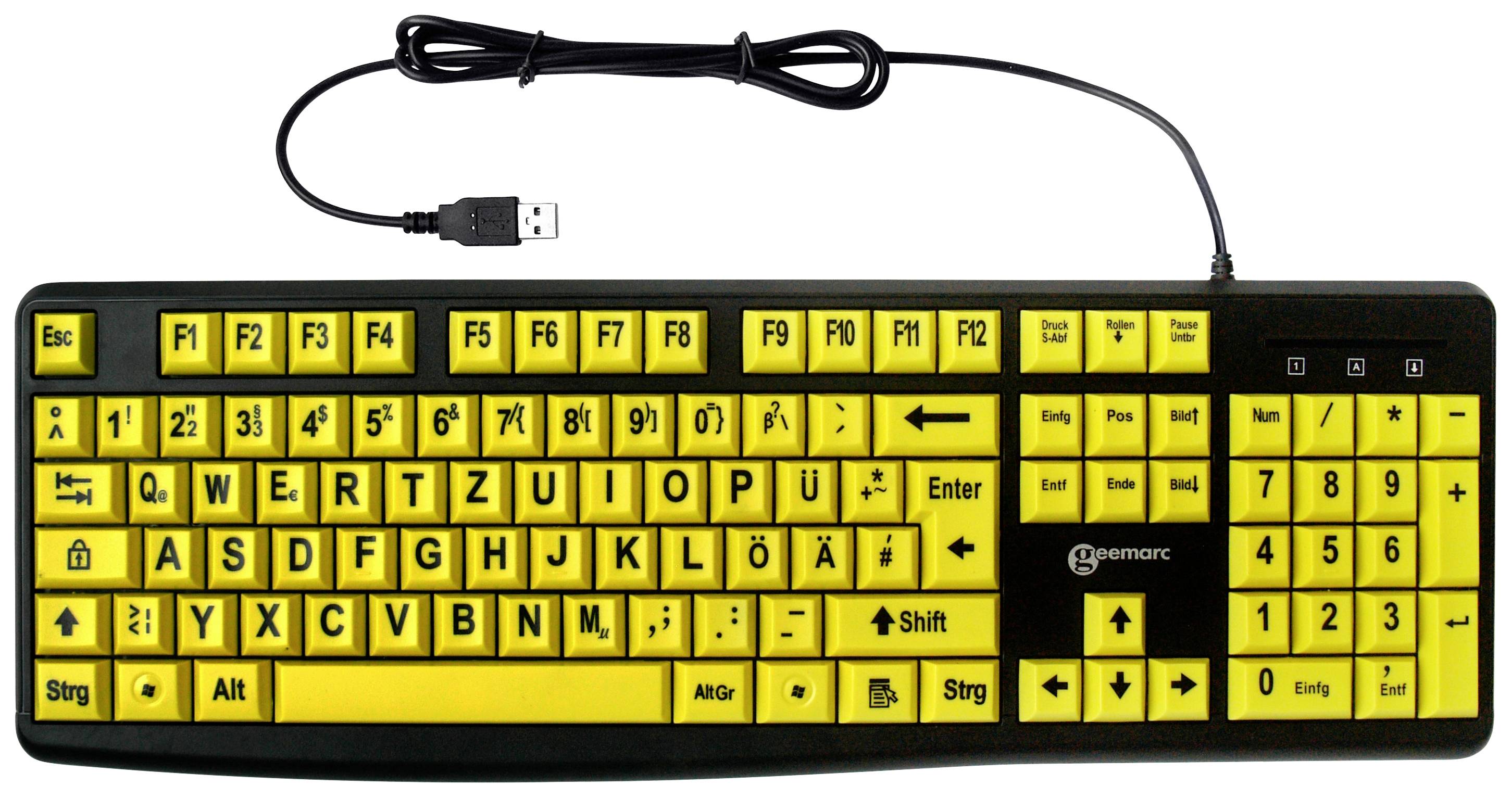 Geemarc KBSV3_YEL_GE USB Tastatur Deutsch, QWERTZ Schwarz, Gelb Extragroße Tasten
