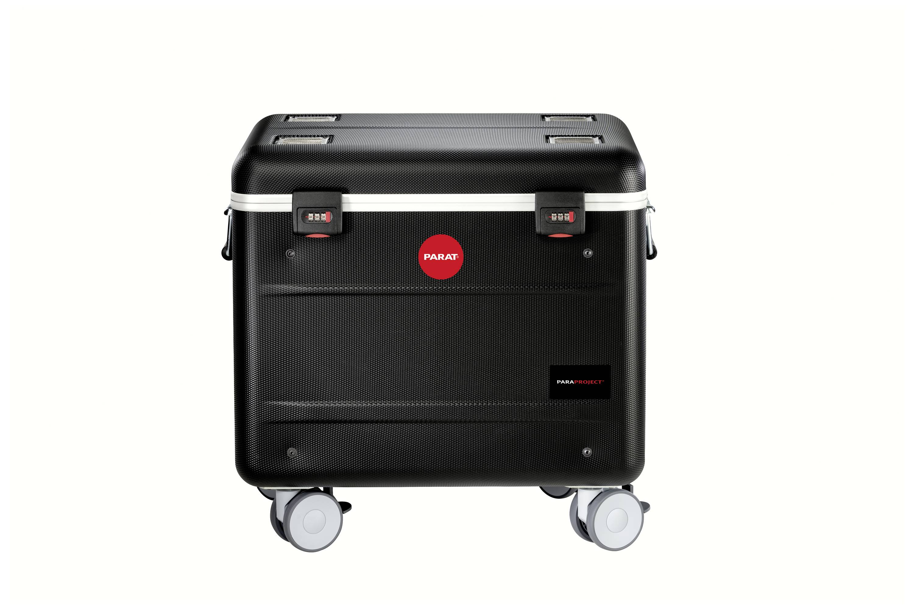 Ein schwarzer, rechteckiger Rollkoffer mit vier Rädern und einem roten 'PARAT'-Logo in der Mitte.