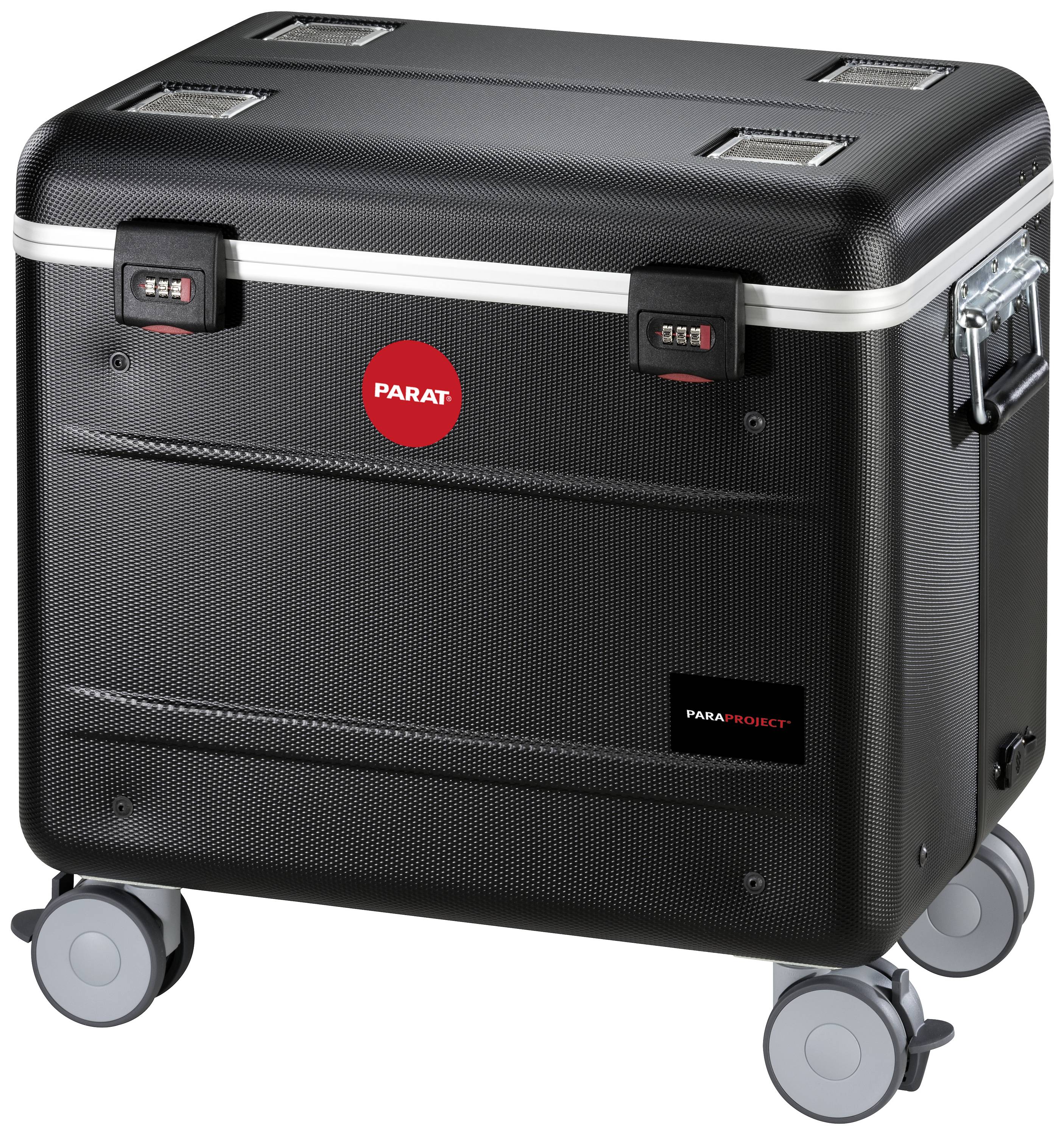 Ein schwarzer, mobiler Hartschalenkoffer auf Rollen, mit einem roten Logo 'PARAT' und zwei Zahlenschlössern an der oberen Kante.