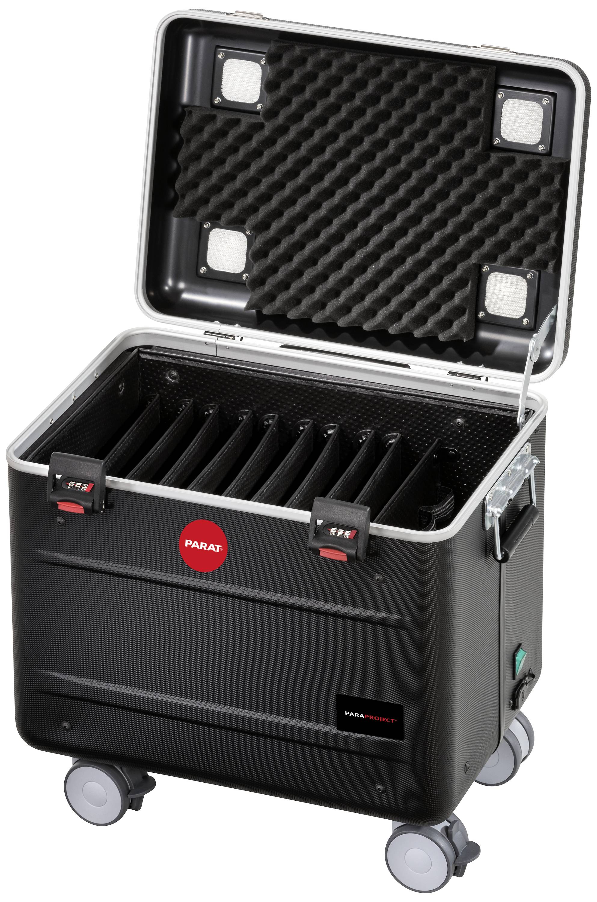 Schwarzer, offener Rollkoffer mit Fächern, geeignet für den Transport von Tablets oder Laptops, auf vier Rädern.