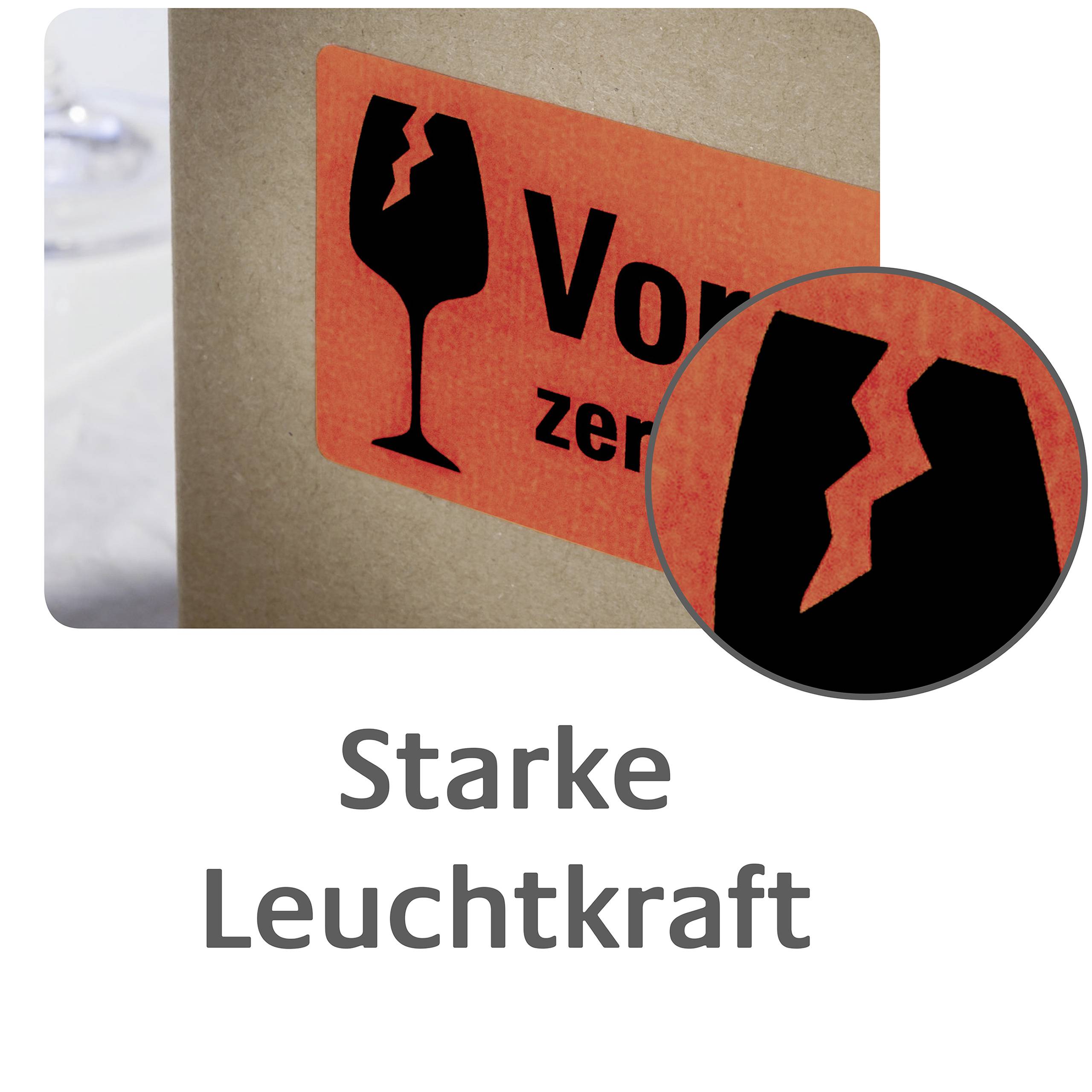 Ein etikettierter Karton zeigt ein zerbrochenes Weinglas-Symbol mit dem Text 'Vorsicht zerbrechlich'. Darunter Text: 'Starke Leuchtkraft'.