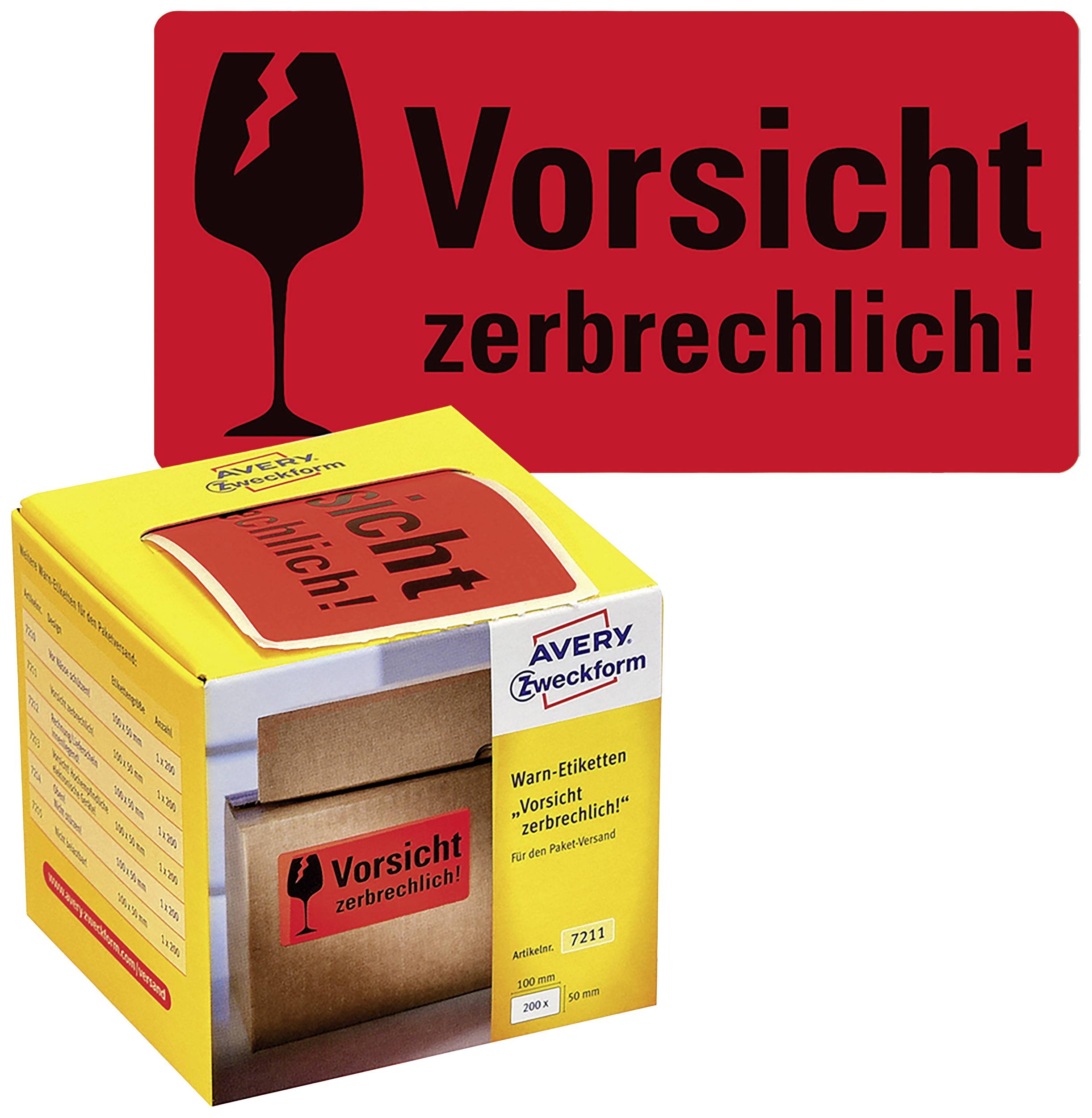 Gelbes Paket mit rotem Aufkleber 'Vorsicht zerbrechlich!', daneben eine Packung mit Warnetiketten.