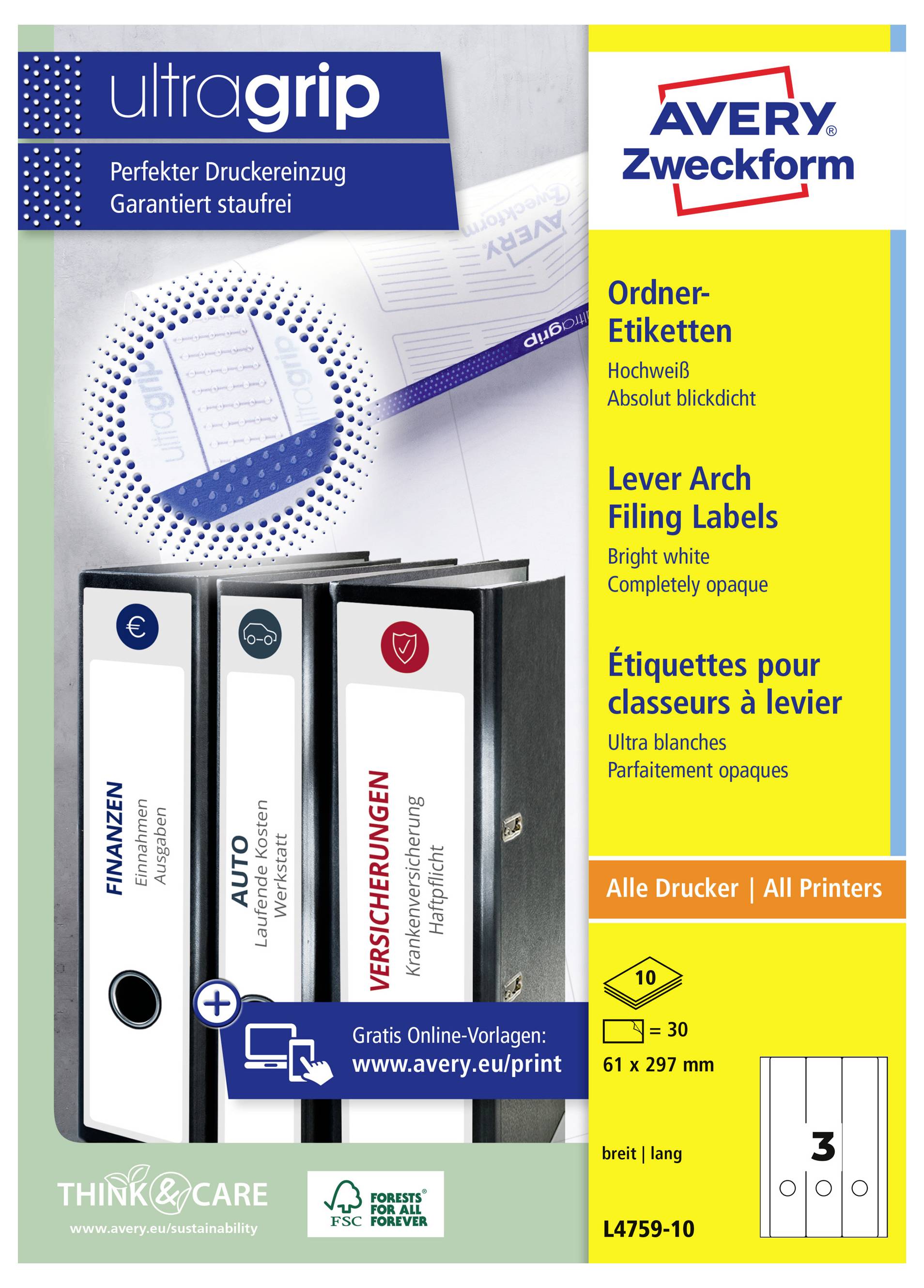 Produktverpackung für Avery Zweckform 'ultragrip' Ordnerrückenetiketten mit drei Ordnern und mehrsprachigen Produktdetails.