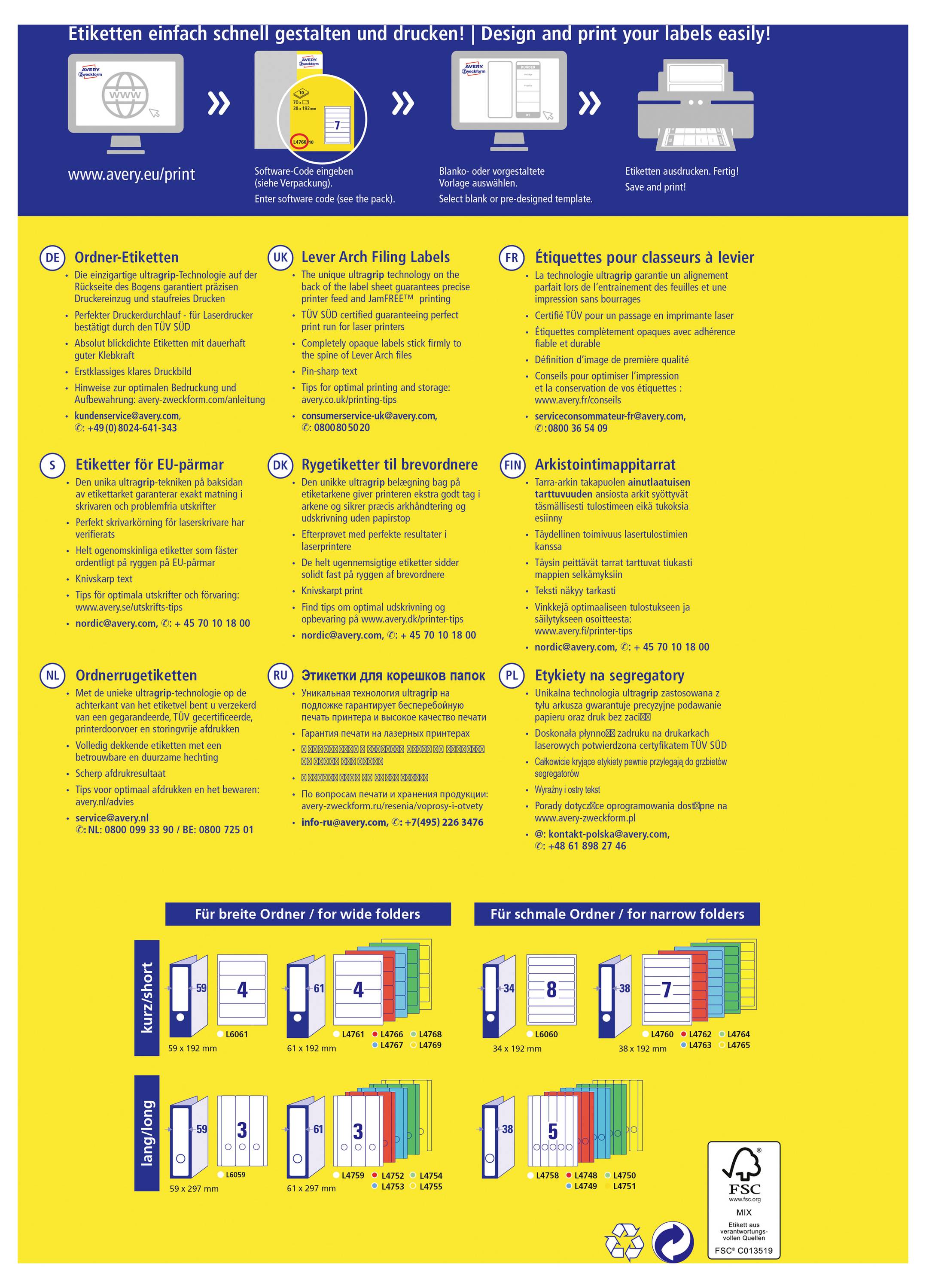 Avery-Zweckform Ordner-Etiketten L4759-10 61 x 297mm Papier Weiß Permanent haftend 30St.