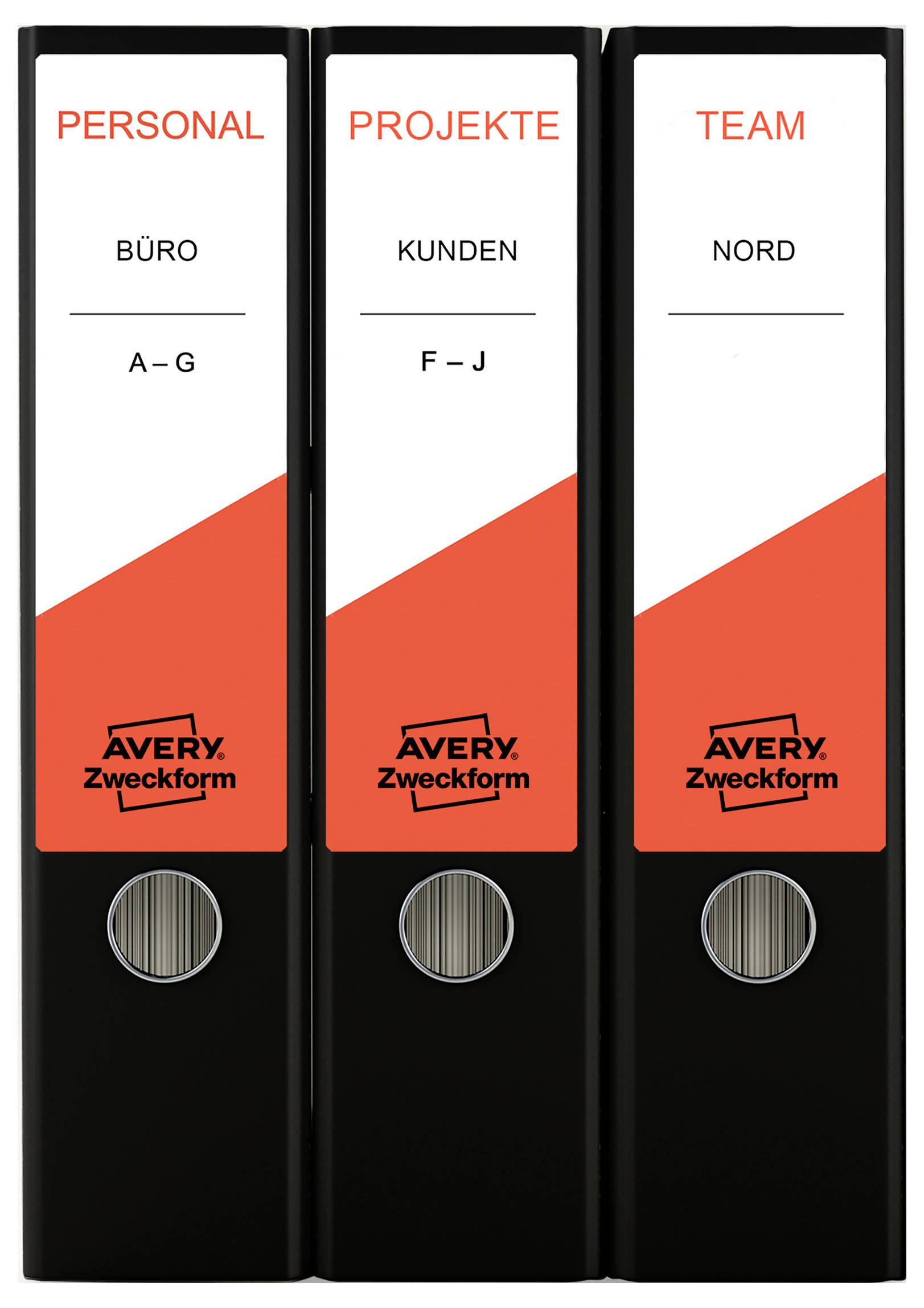 Drei schwarze Aktenordner mit AVERY Zweckform, beschriftet 'PERSONAL', 'PROJEKTE' und 'TEAM' für Büro, Kunden und Nord.