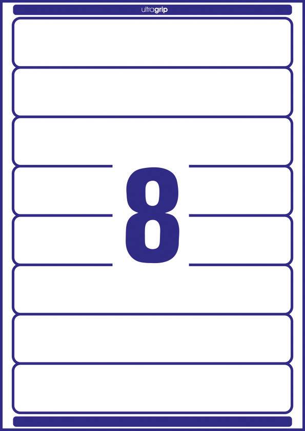 Die Zahl '8' steht groß in der Mitte eines weißen Rechtecks mit blauer Umrandung und Linien, die Etiketten auf einem Blatt definieren.