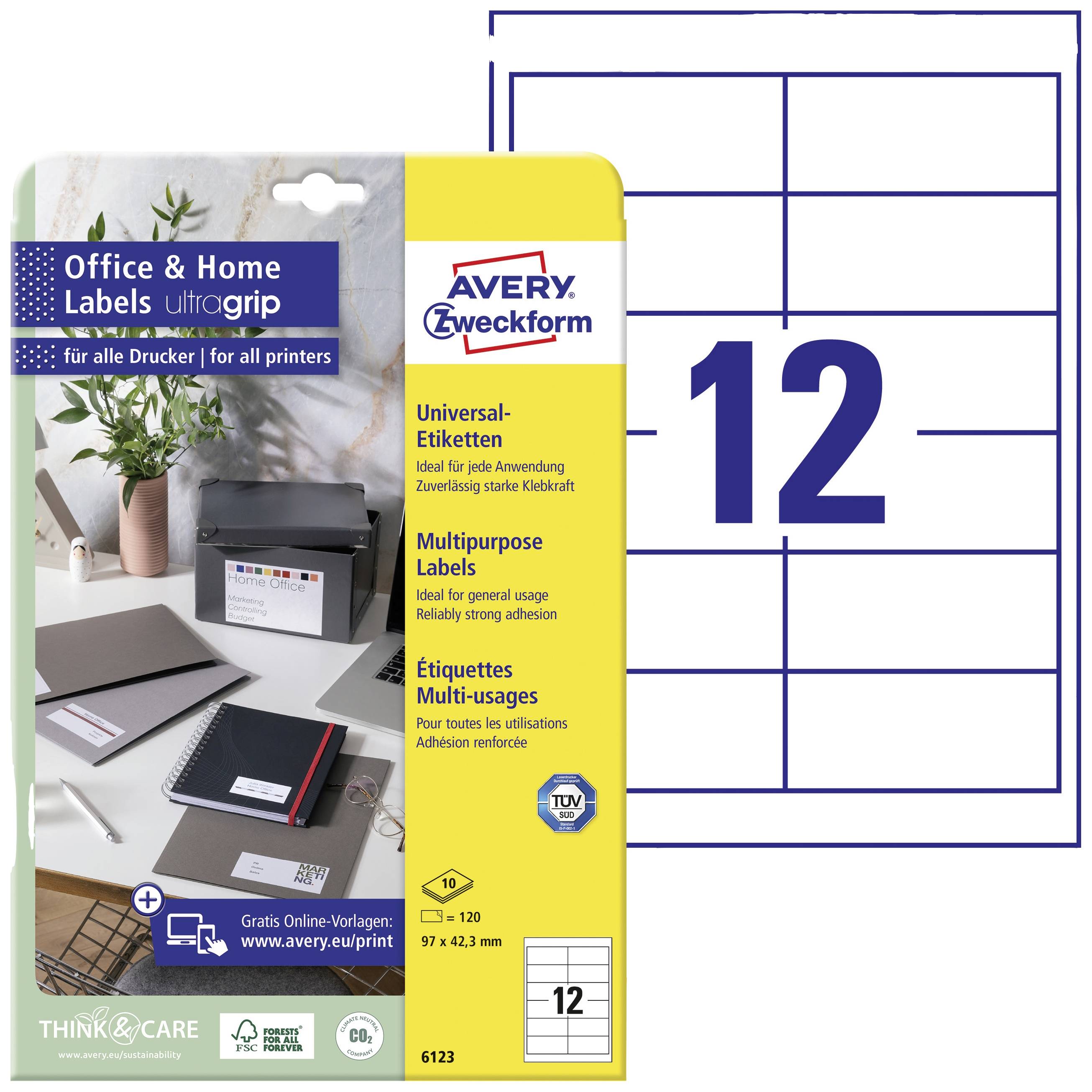 Packung Avery Zweckform Etiketten 6123, 12 Etiketten pro Blatt, geeignet für Office & Home, blaues Ultragrip-Muster auf Verpackung.