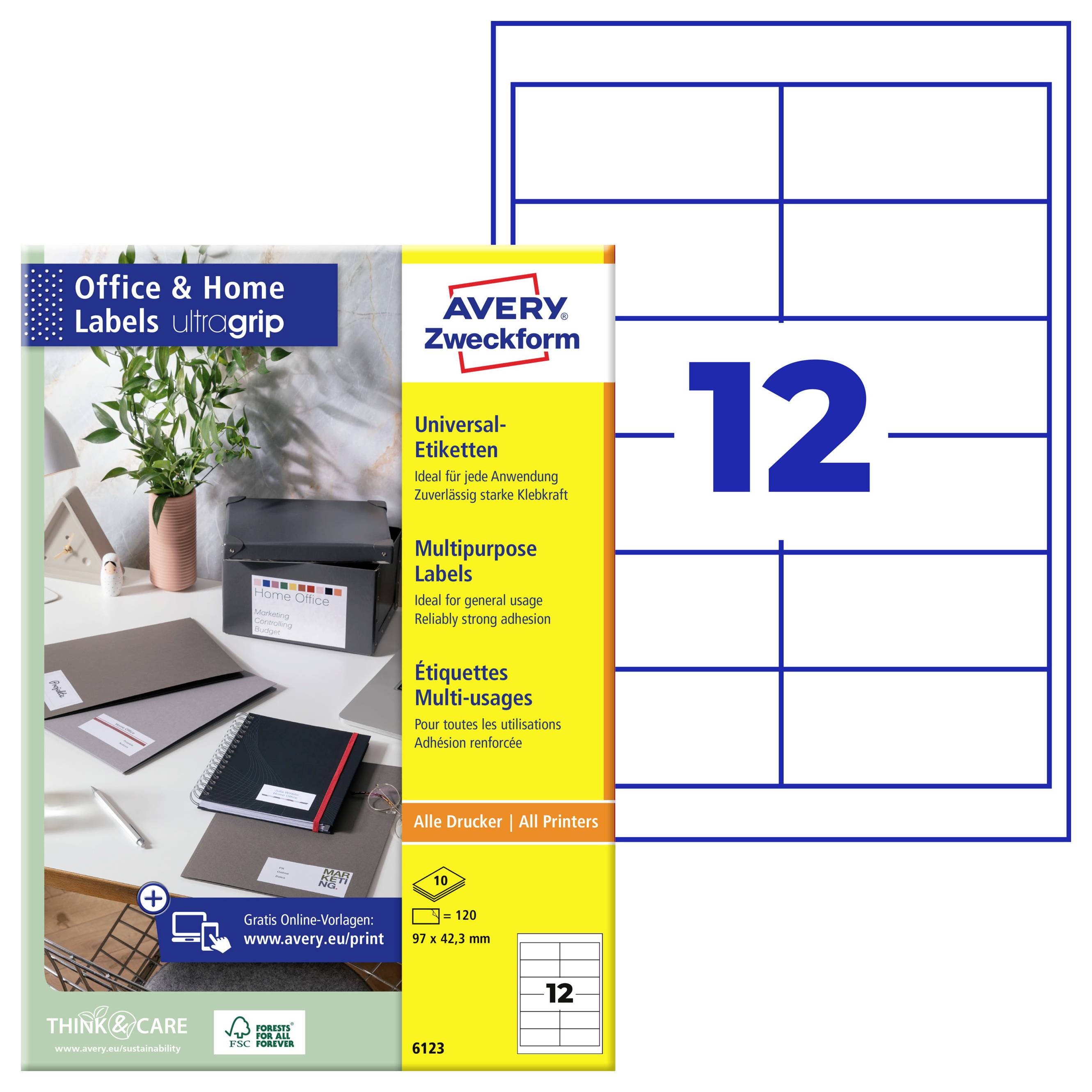 Paket mit Avery Zweckform Büro- und Haushaltsaufklebern, Größe 97 x 42,3 mm, für alle Drucker, mit 12 Etiketten pro Blatt.