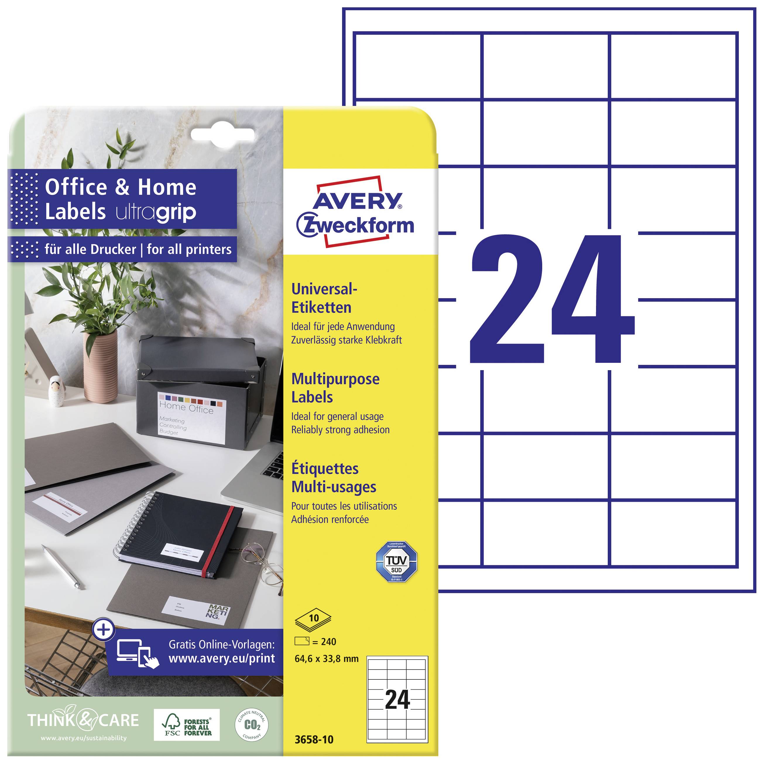 Etiketten der Marke Avery Zweckform für Office & Home, ultragrip, 24 Stück pro Blatt, geeignet für alle Drucker. Verschiedene Anwendungen.