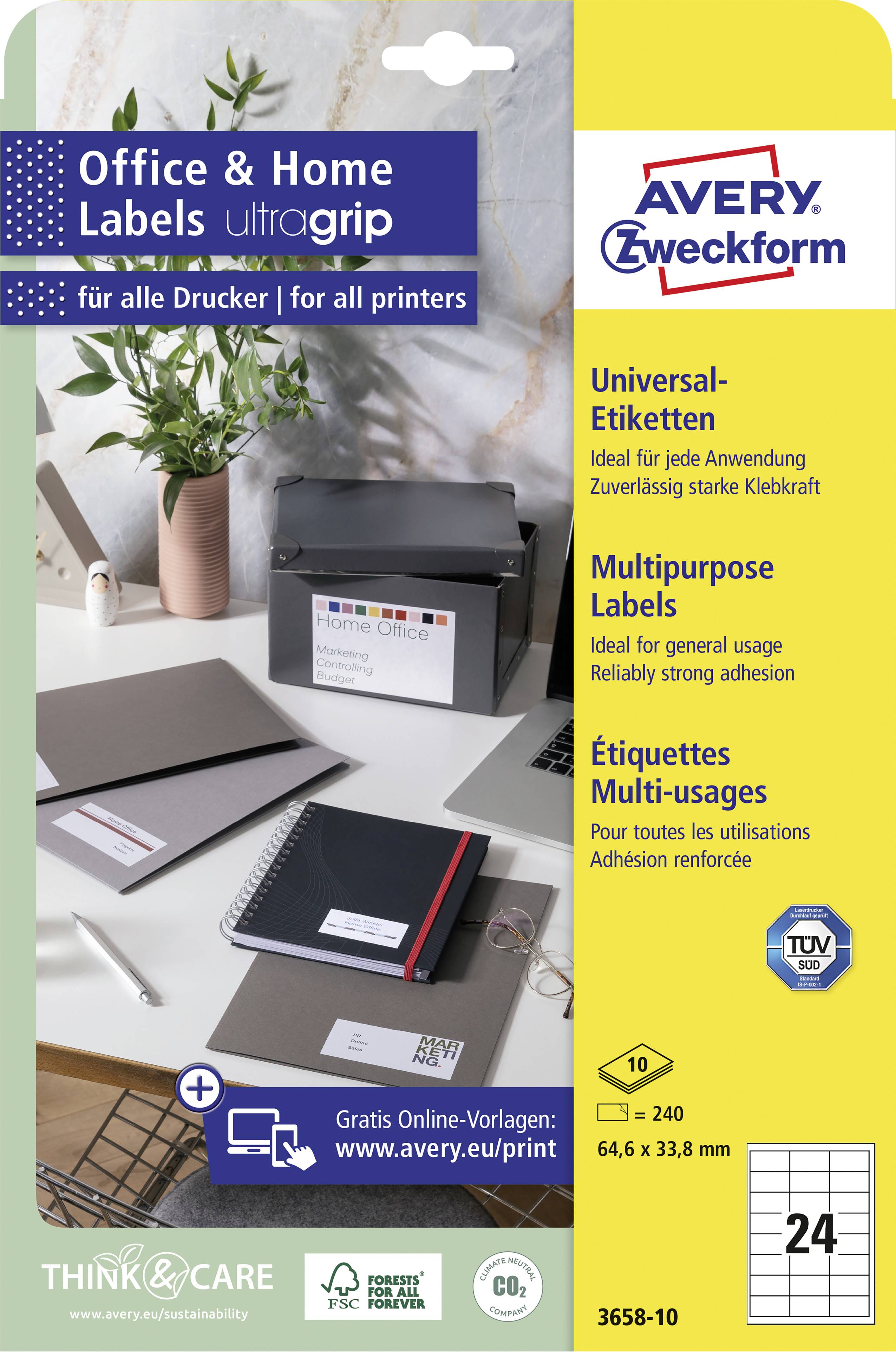 Verpackung von Avery Zweckform Universal-Etiketten, 240 Stück, geeignet für alle Drucker. Größe 64,6 x 33,8 mm.