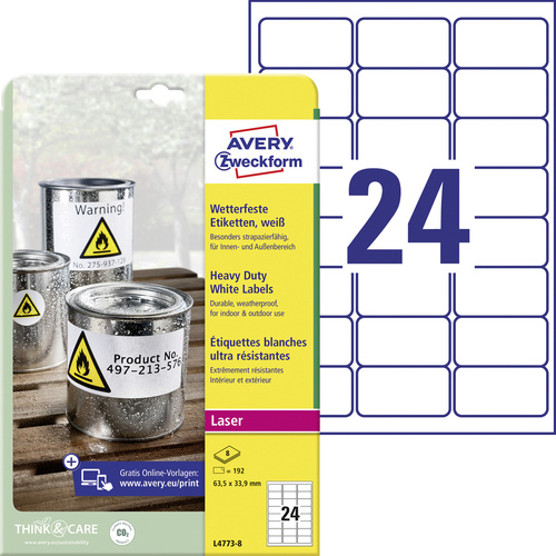 Avery-Zweckform L4773-8 Etiketten 63.5 x 33.9mm Polyester-Folie Weiß 192 St. Permanent Universal-Etiketten, Wetterfeste Etiketten