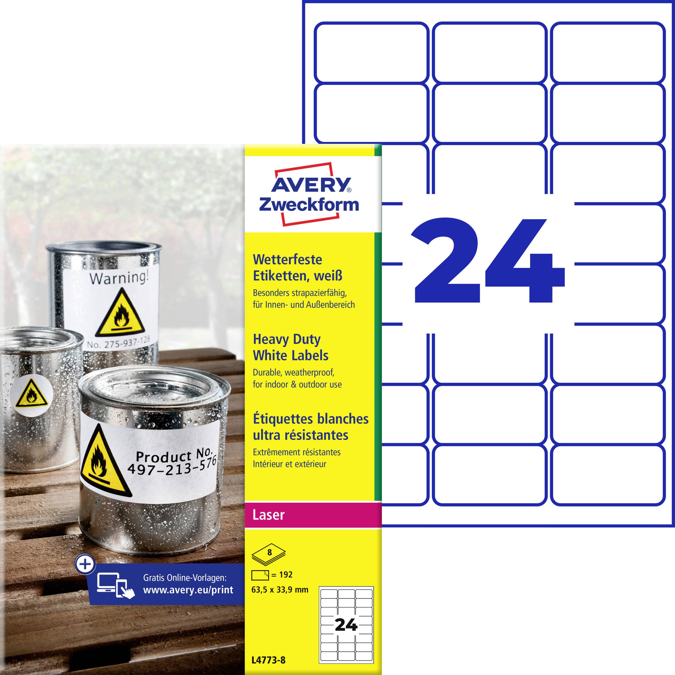 Avery Zweckform Laser-Weißetiketten, 24er-Packung, mit Etikettenblatt-Layout und Produktfoto mit Gefahrenwarnung auf der Verpackung.