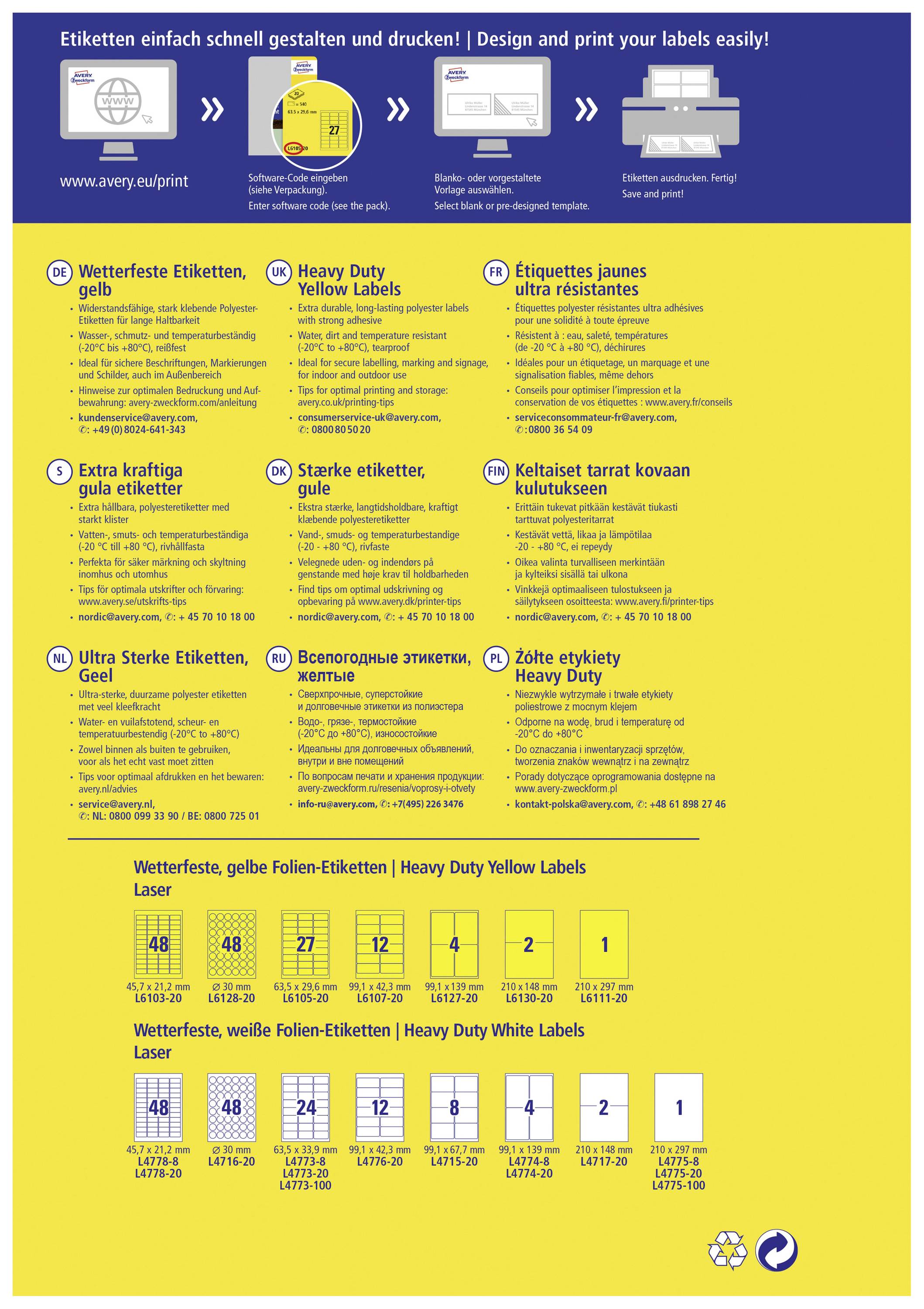 Das Bild zeigt eine Informationsgrafik mit Anweisungen zur Gestaltung und zum Druck von Etiketten. Oben sind Symbole und URLs, unten sind Tabellen mit Etiketteninformationen in mehreren Sprachen.