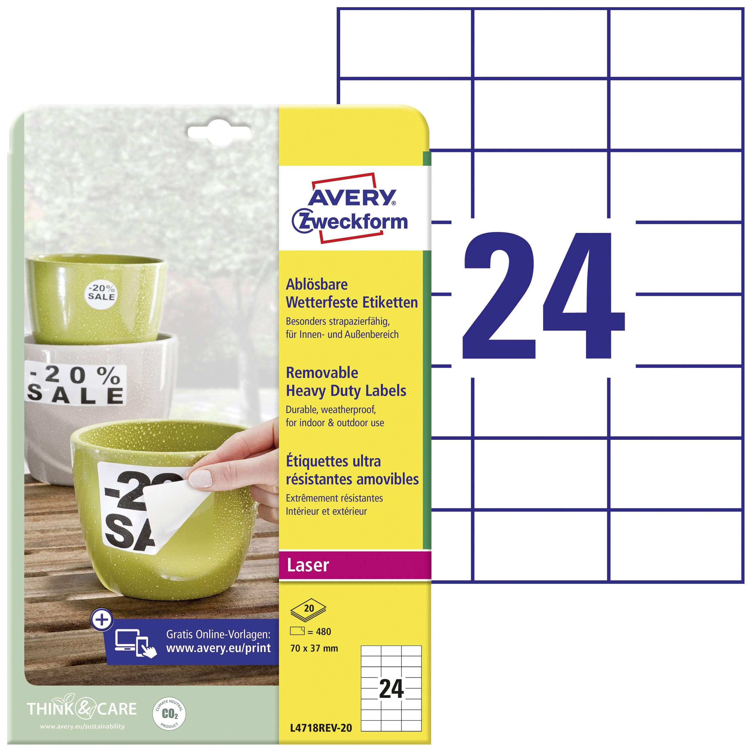 Verpackung von Avery Zweckform mit ablösbaren, wetterfesten Etiketten. Geeignet für Laser, 20% Sale auf abgebildetem Etikett.