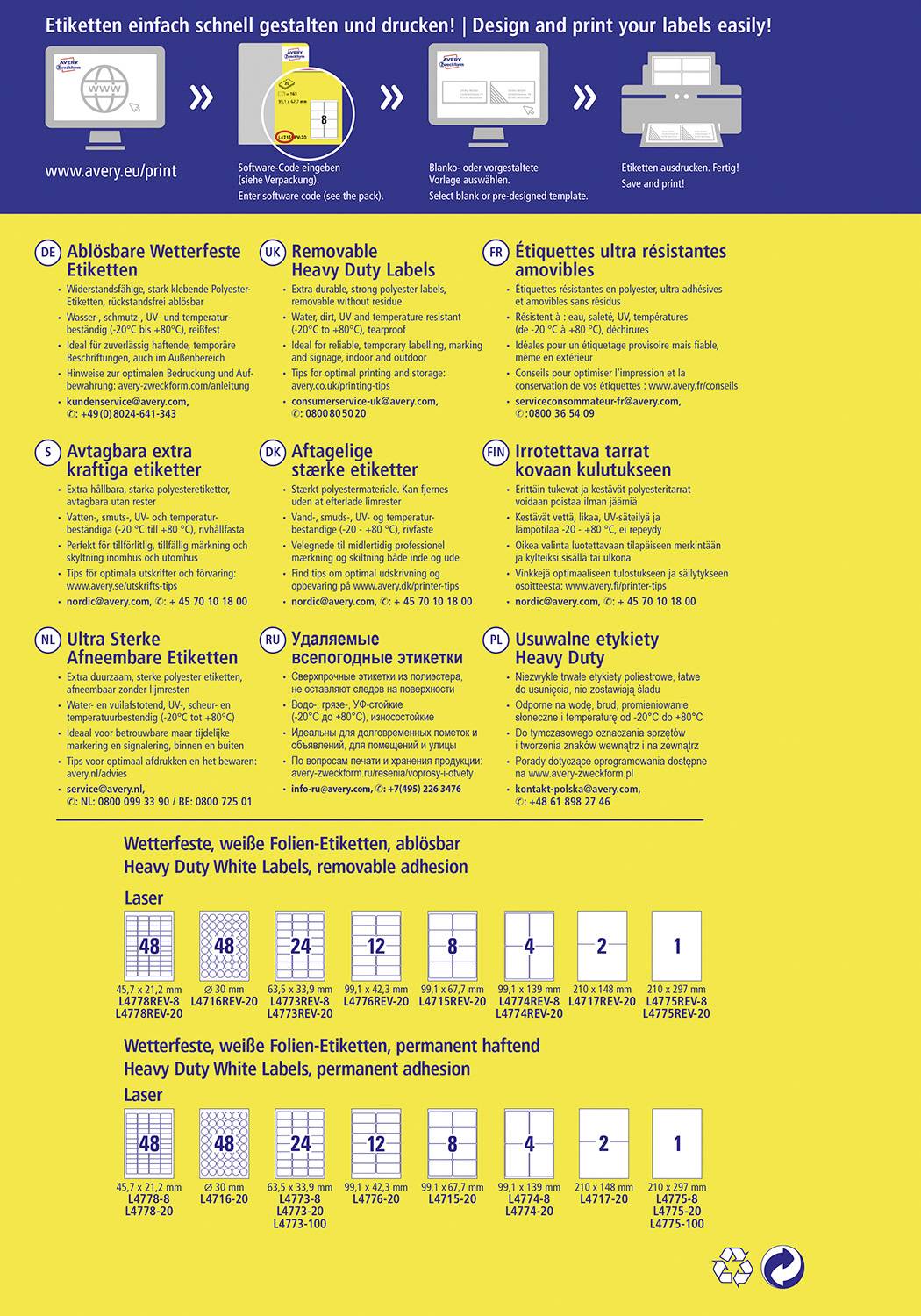 'Etiketten einfach schnell gestalten und drucken!' Übersicht der Avery Wetterfeste Etiketten, mit Details zu Typen, Anwendungen und Bestellinformationen.