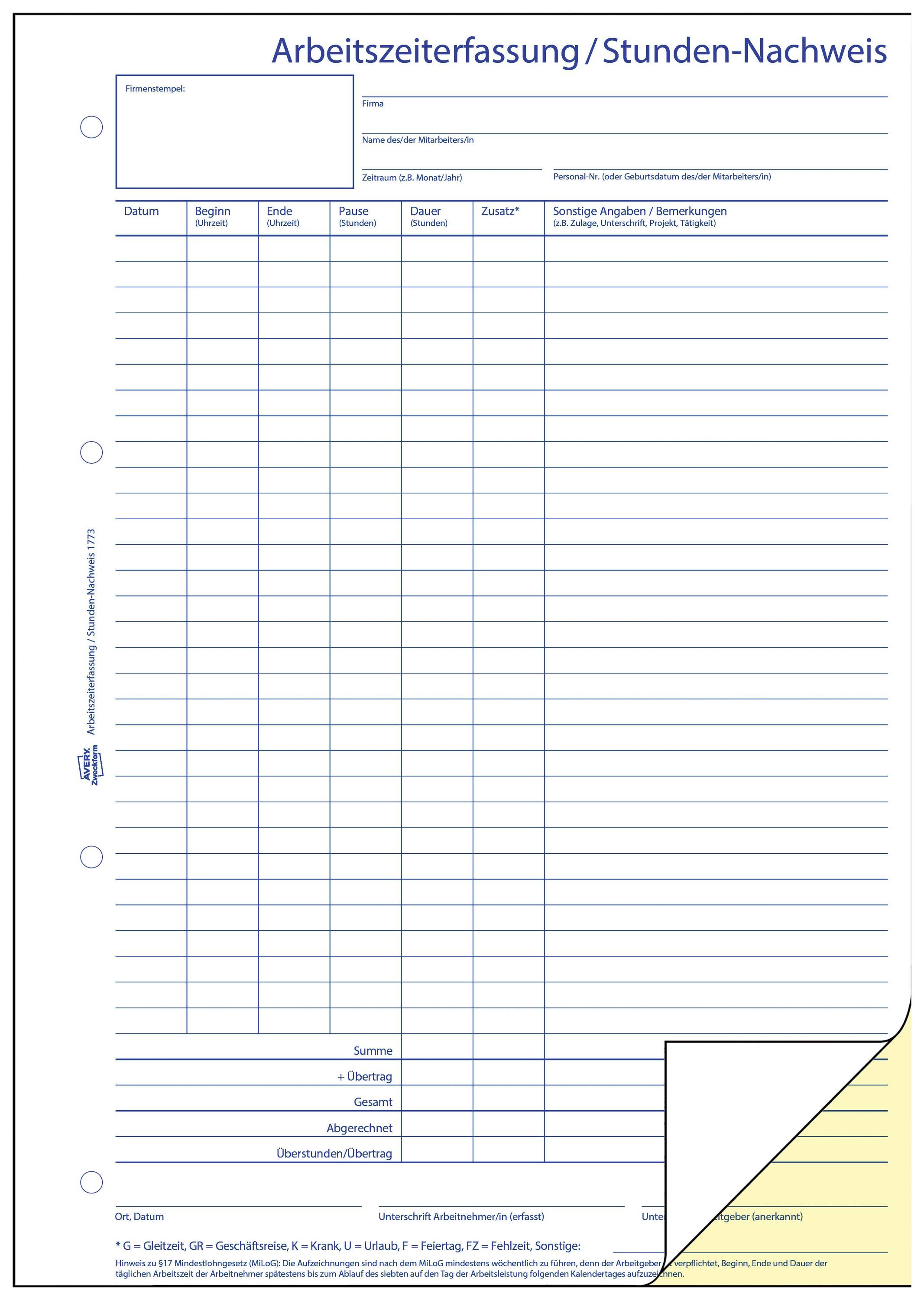 Avery-Zweckform Stundennachweis Formular 1773 DIN A4