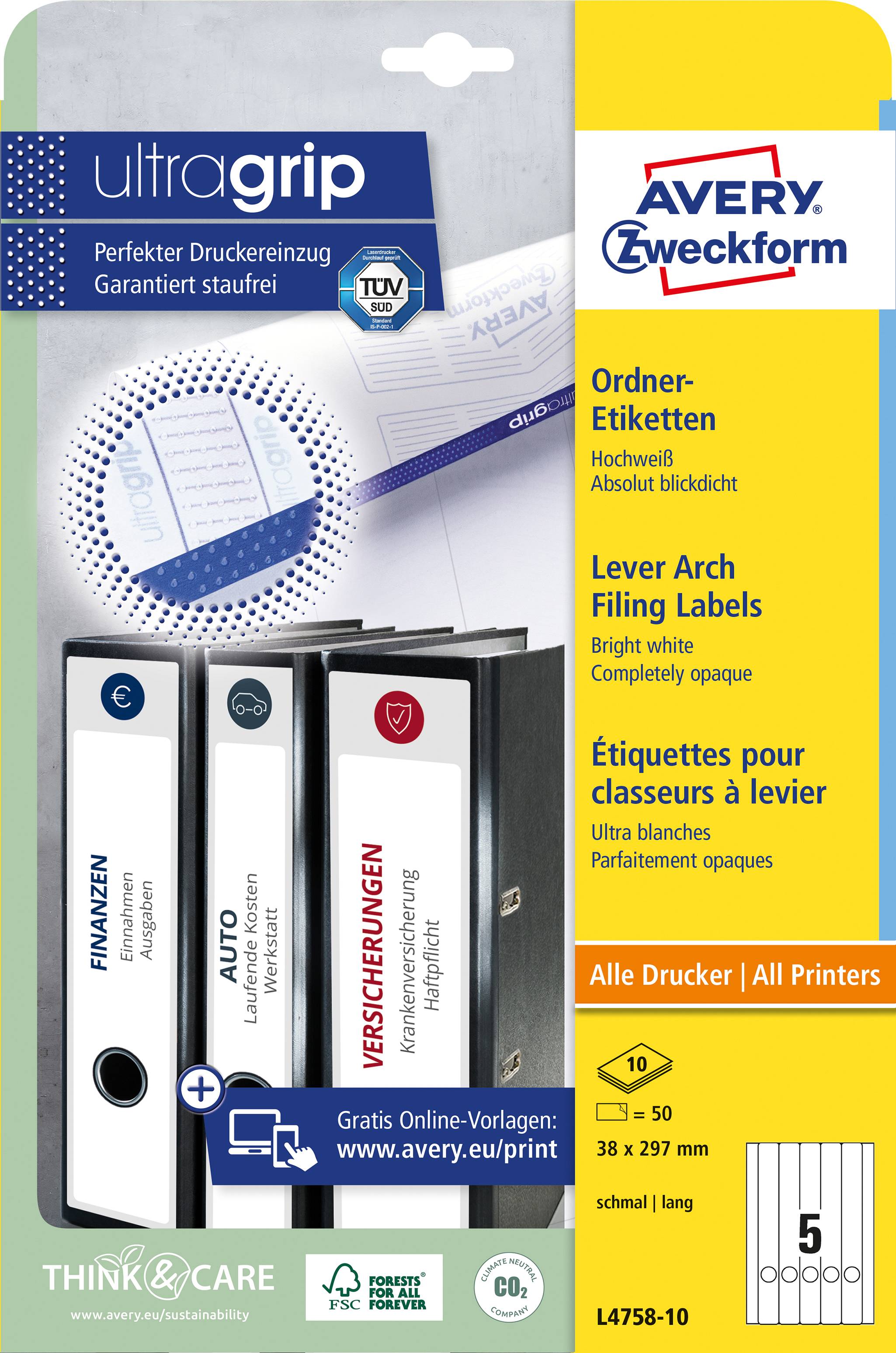Avery-Zweckform Ordner-Etiketten L4758-10 38 x 297mm Papier Weiß Permanent haftend 50St.