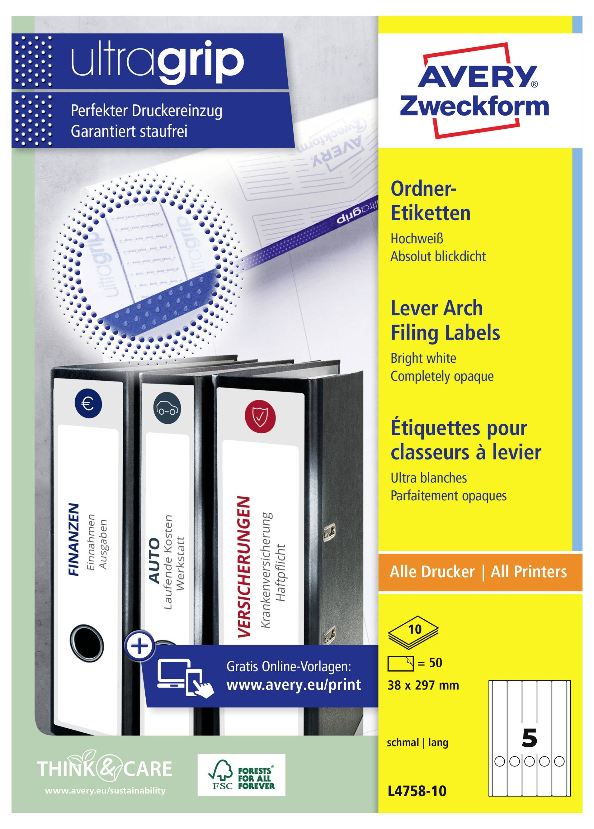 Avery Zweckform 'ultragrip' Hebelreiter-Etiketten-Pack mit Produktbild von weißen Etiketten für Ordner und mehrsprachigem Text, der die Kompatibilität mit allen Druckern zeigt.