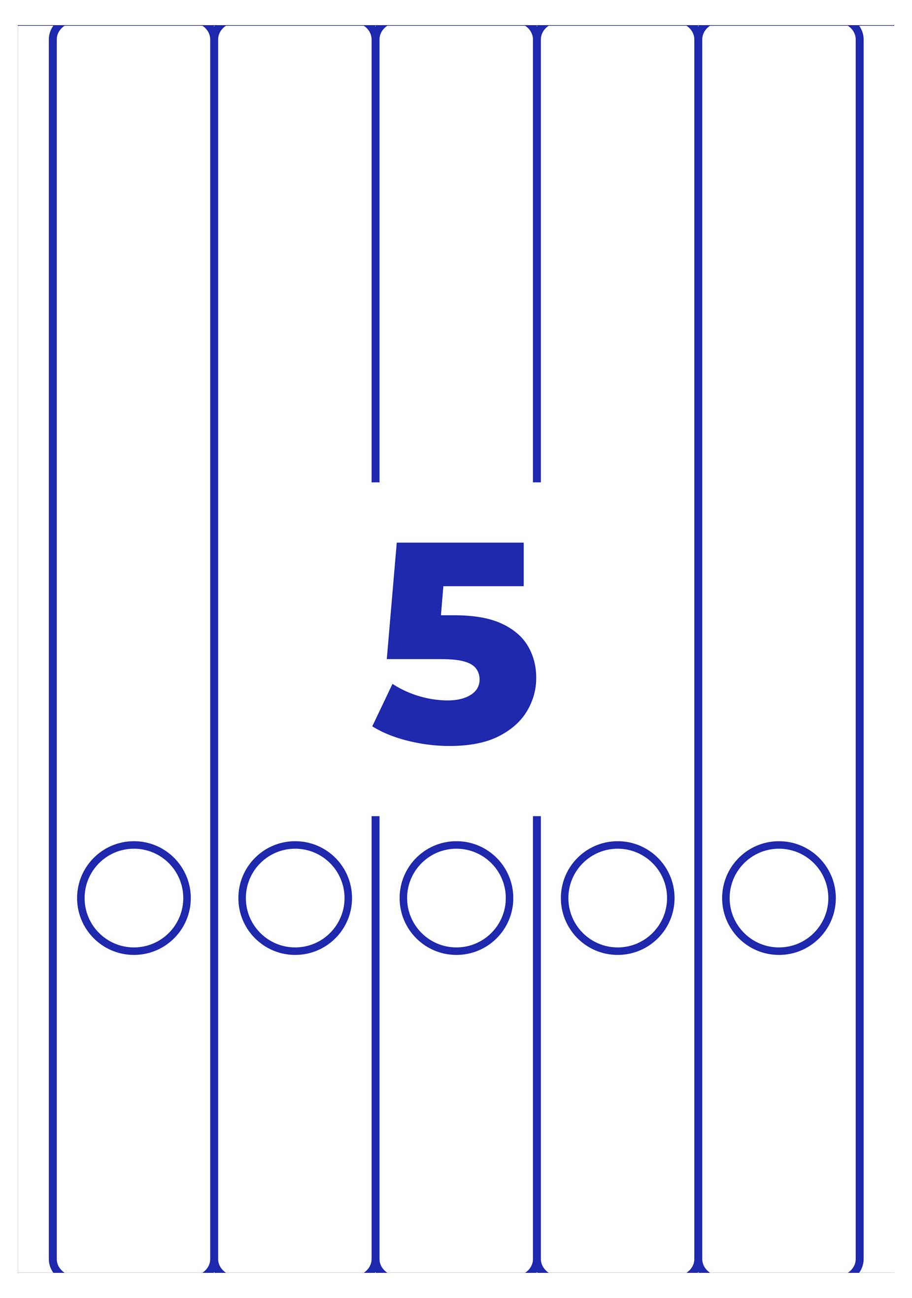 Zahl '5' in der Mitte von fünf vertikalen blauen Linien mit Kreisen unten; abstraktes Zähl- oder Zuordnungsdiagramm.