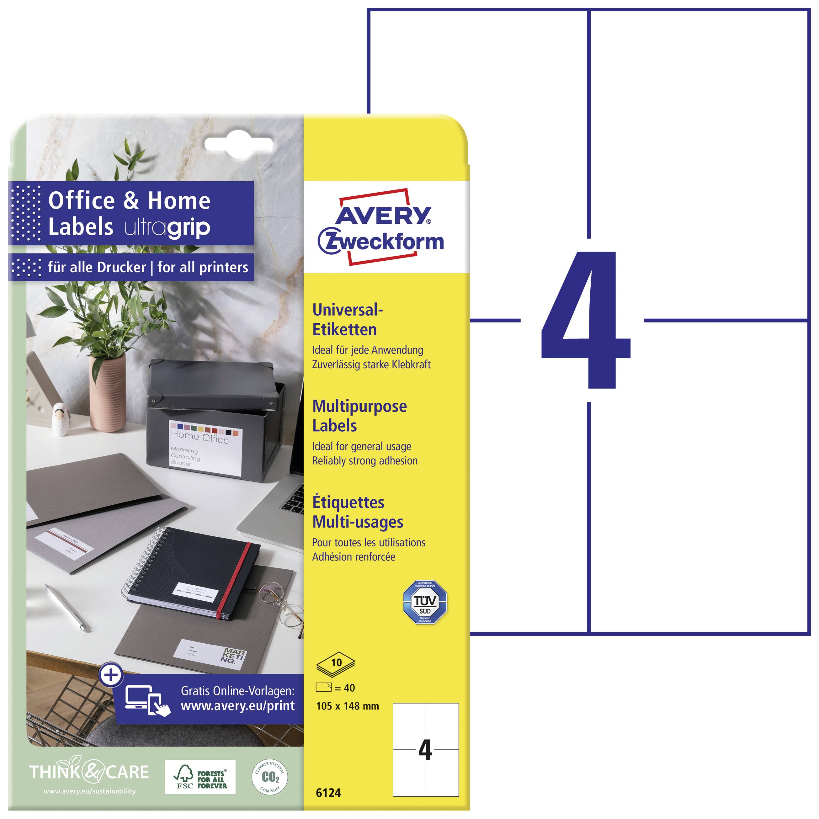 Mehrzwecketiketten von Avery Zweckform, geeignet für vielfältige Anwendungen und starke Klebkraft. Auf Verpackung: 'Office & Home Labels'.