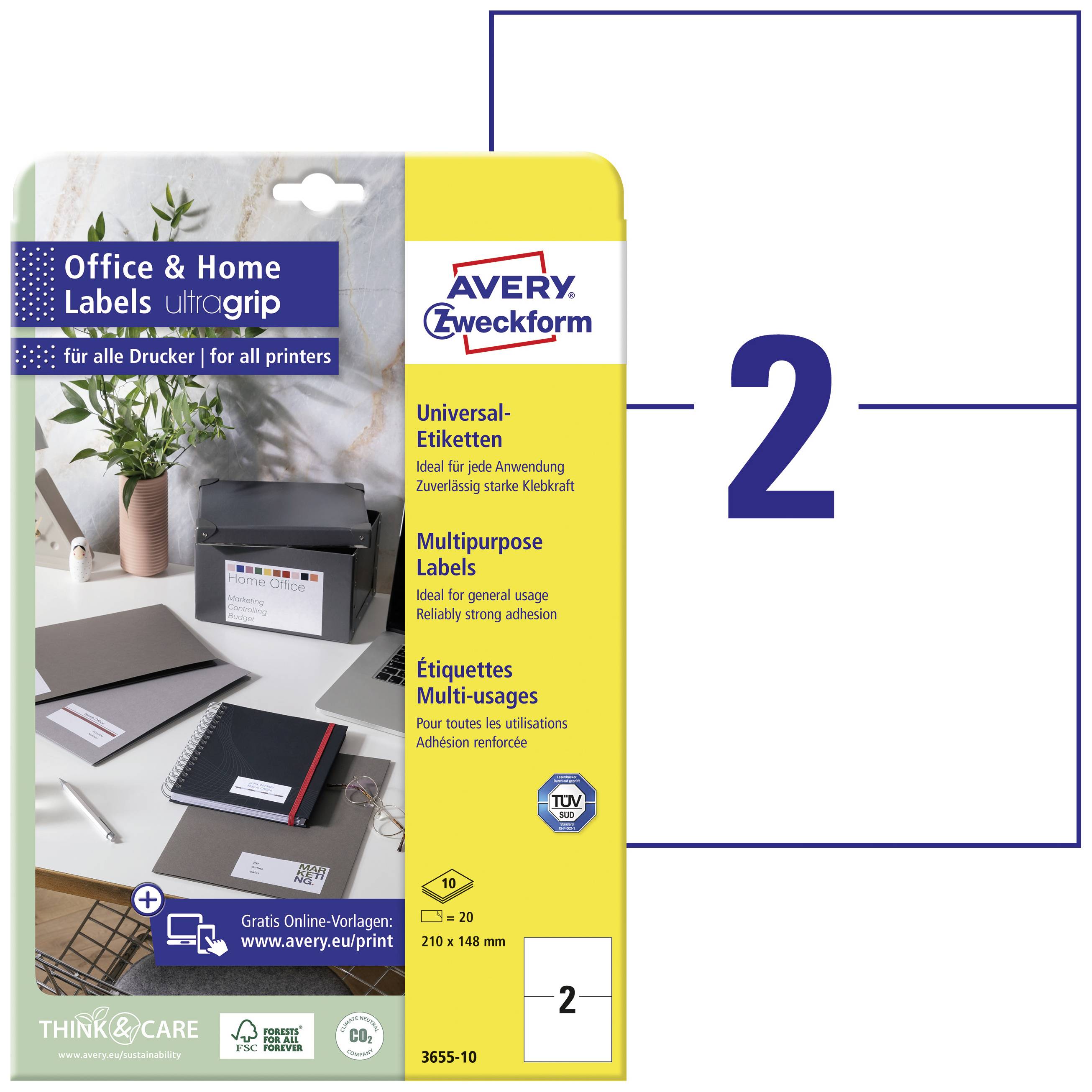 Packung mit Avery Zweckform Universal-Etiketten, ideal für nahezu alle Drucker, Größe 210x148 mm, 20 Etiketten pro Packung.