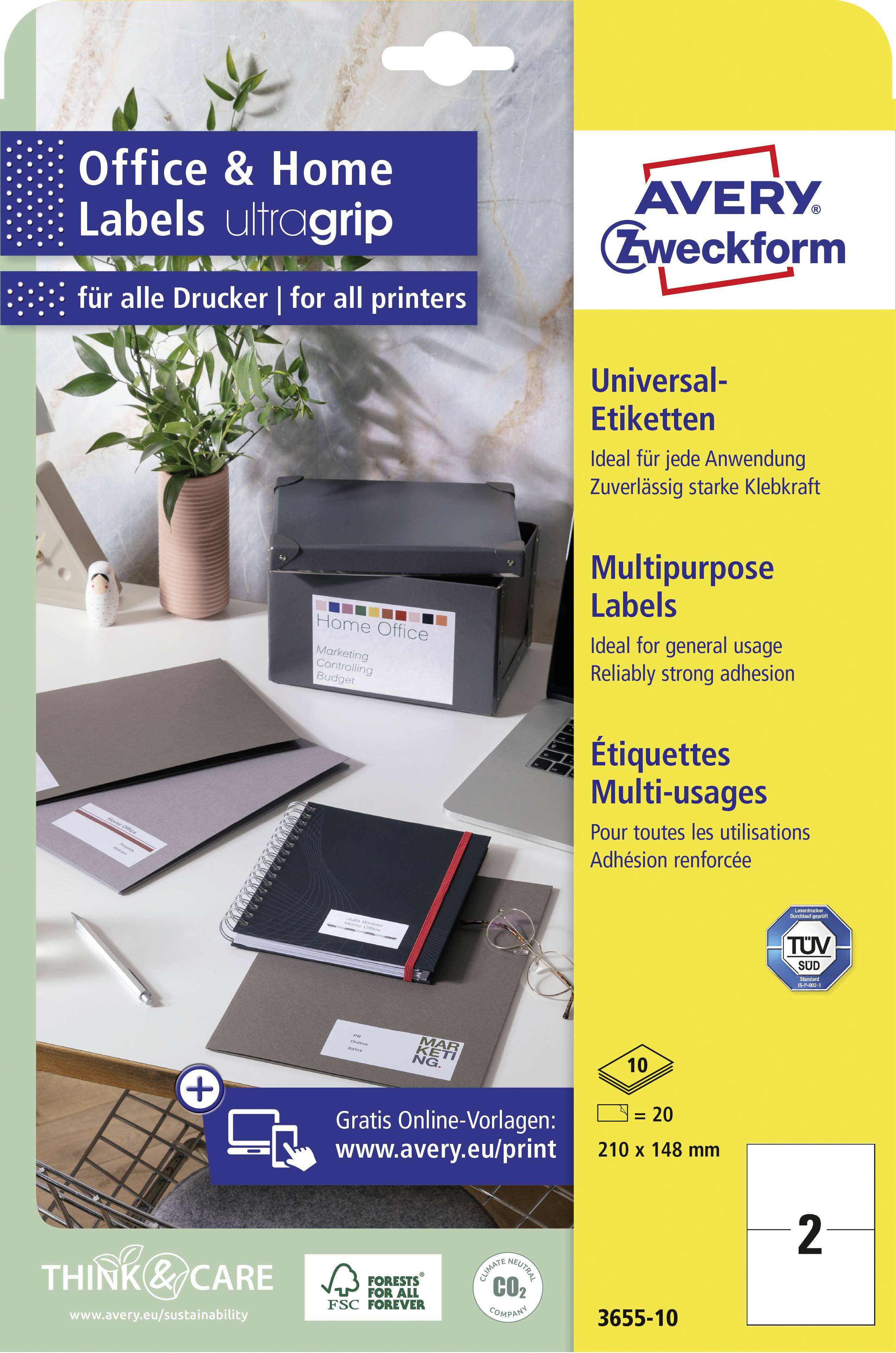 Etiketten-Verpackung mit Aufschrift 'Universal-Etiketten, ideal für jede Anwendung, zuverlässige starke Klebkraft'. Markenlogo oben rechts.
