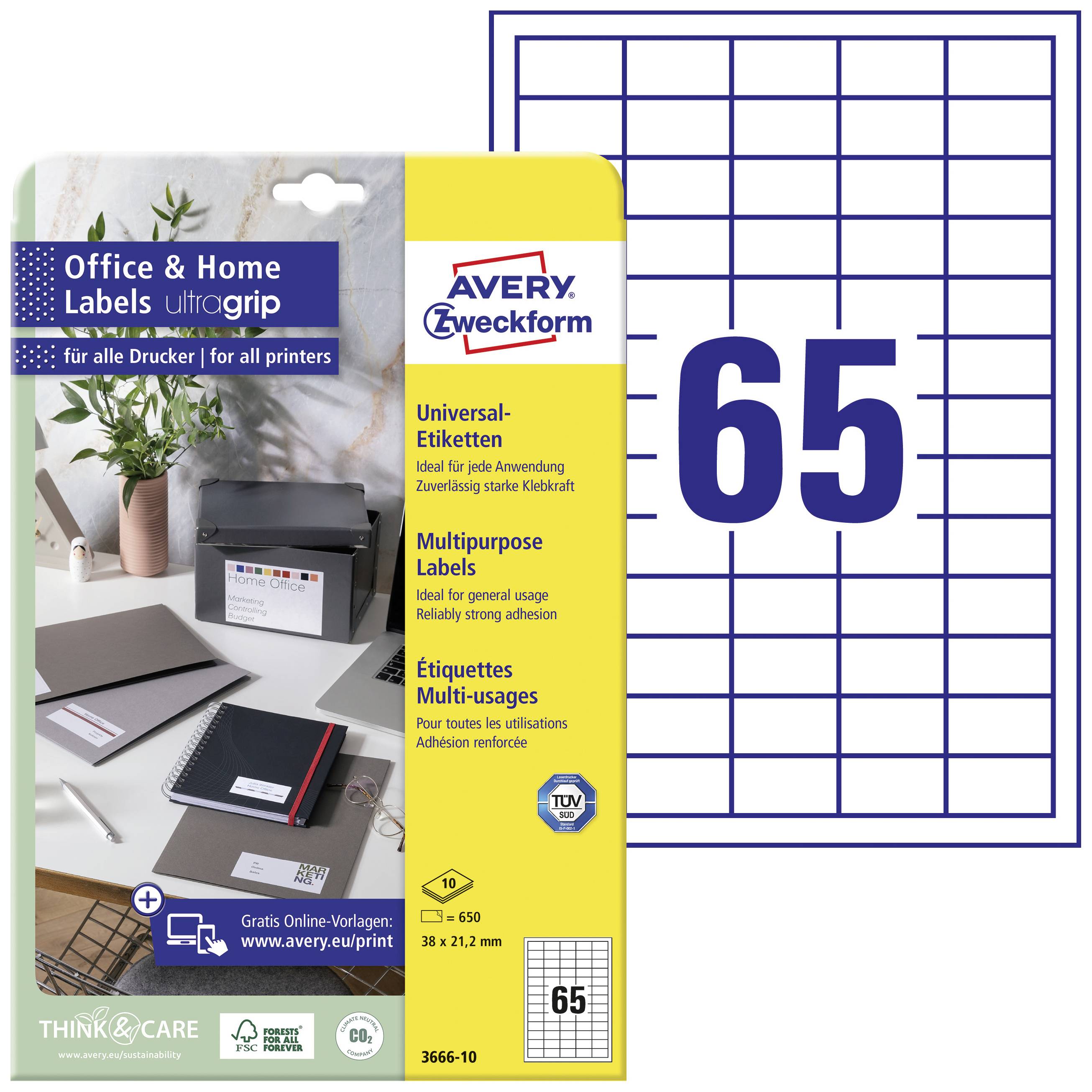 'Etiketten für Büro & Zuhause', Avery Zweckform Etiketten-Packung, 65 Aufkleber pro Blatt, geeignet für alle Drucker, Maße: 38x21,2 mm.